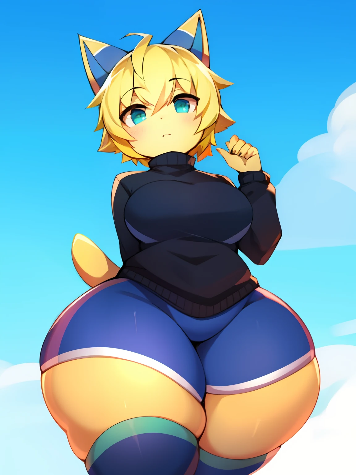 Yellow skin body, big thighs, blue turtle neck, green socks, tail, yellow and blue cat ears, short yellow hair, 1 person
