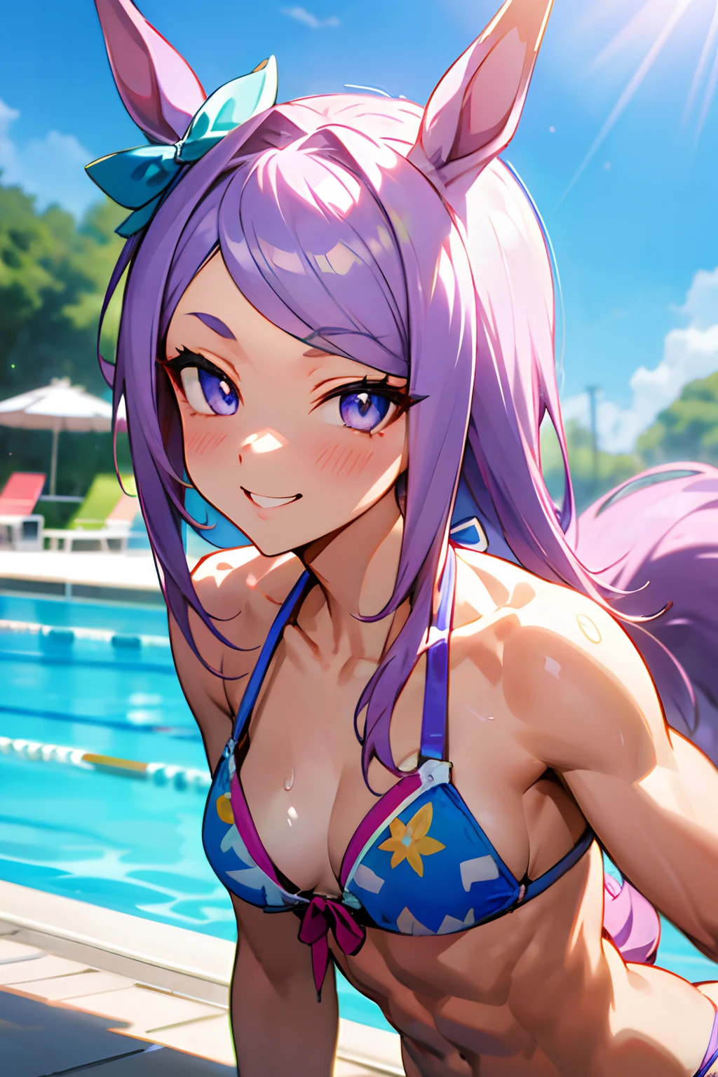 Mejiro McQueen \(umamusume\), ((ultra-detailed eyes)), (((bikini))), masterpiece, best quality, (abs), muscular body, tiny breasts, horse tail,smile, pool, upper body, frontage