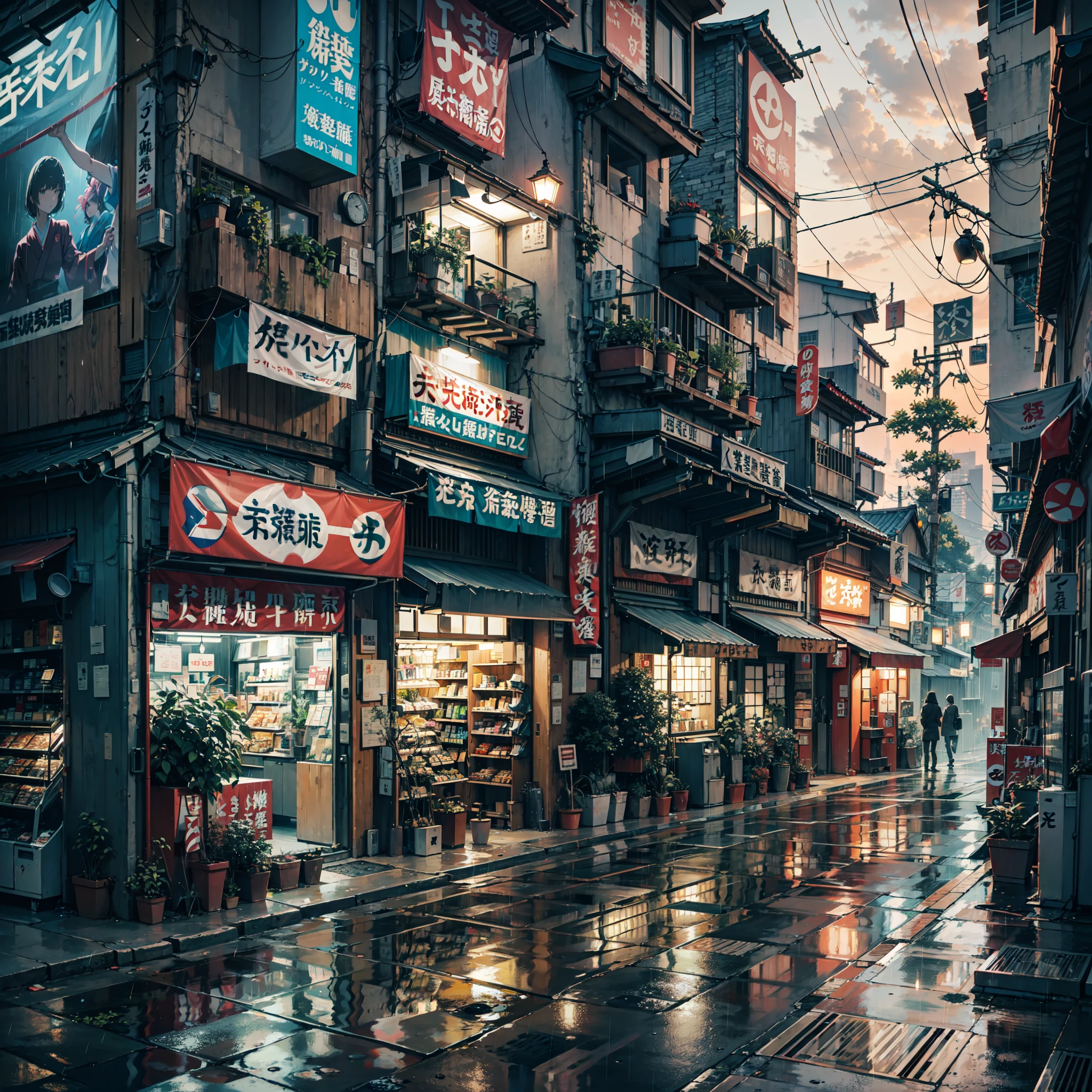 Modern Tokyo skyscrapers at night, reflection on the river, futuristic city lights, sleek and minimalist architecture, cyberpunk vibes, neon-soaked cityscape. no one in sight, no people, best quality, anime, anime style, lofi, anime background, anime wallpaper, anime, anime style, lofi, lofi style, modern japanese street, modern japanese architecture, japanese convenience store, big retro japanese shop signs, retro japanese store, trees, plants, rocks, plant pots, shop signs, japanese banners, japanese signs, flags, empty street, no one in sight, (no one: 1), (realistic,photorealistic:1.37), narrow anime street, urban, compact, masterpiece, high details, best quality, super detail, high quality, narrow japanese urban alleyway, japanese shop signs, japanese signs, japanese banners, banners, plant pots, plants, trees, grass, cobble path, trash cans, nigh time, dark, street lights,, air vents, gutters, telephone wires, wires, cables, air ventilation systems, lanterns, rain, raining, heavy rain, dramatic weather, puddles on the floor, rain falling from the sky, rain drops, best quality, masterpiece,