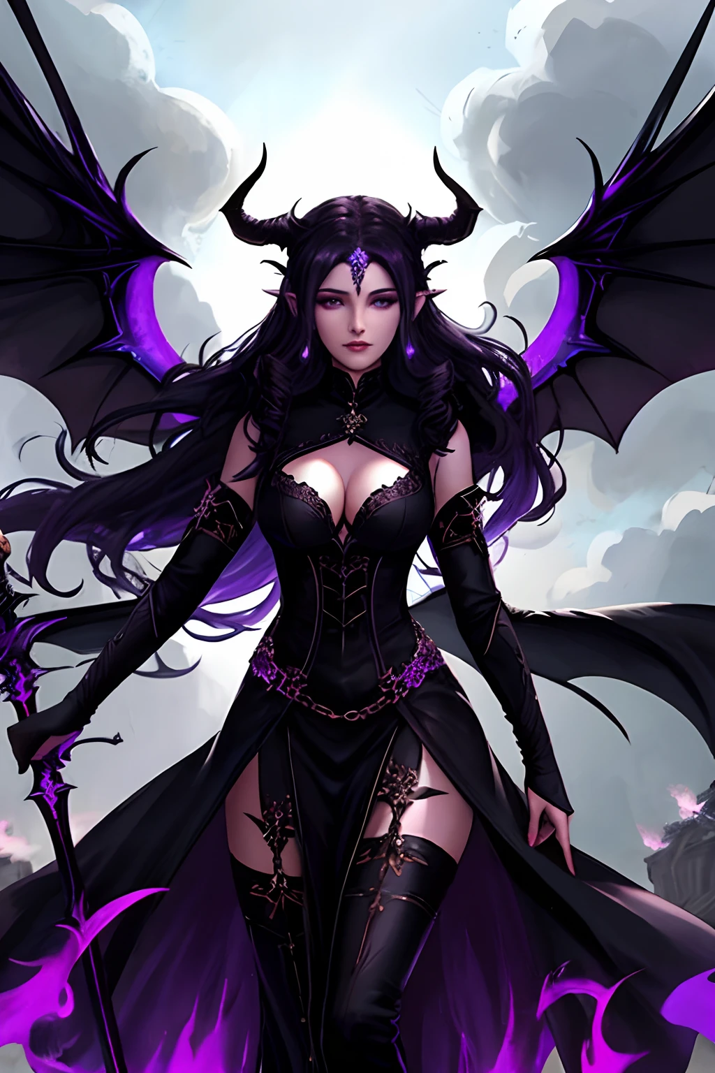 A stunning tiefling woman with purple skin soaring through the depths of hell. She has long, flowing black curls and is dressed in a sleek black battle attire. With her majestic wings spread wide, she wields a flaming scimitar, surrounded by blazing inferno. This high-resolution artwork captures the fierce and otherworldly beauty of the tiefling race, perfect for any fantasy or role-playing game project.