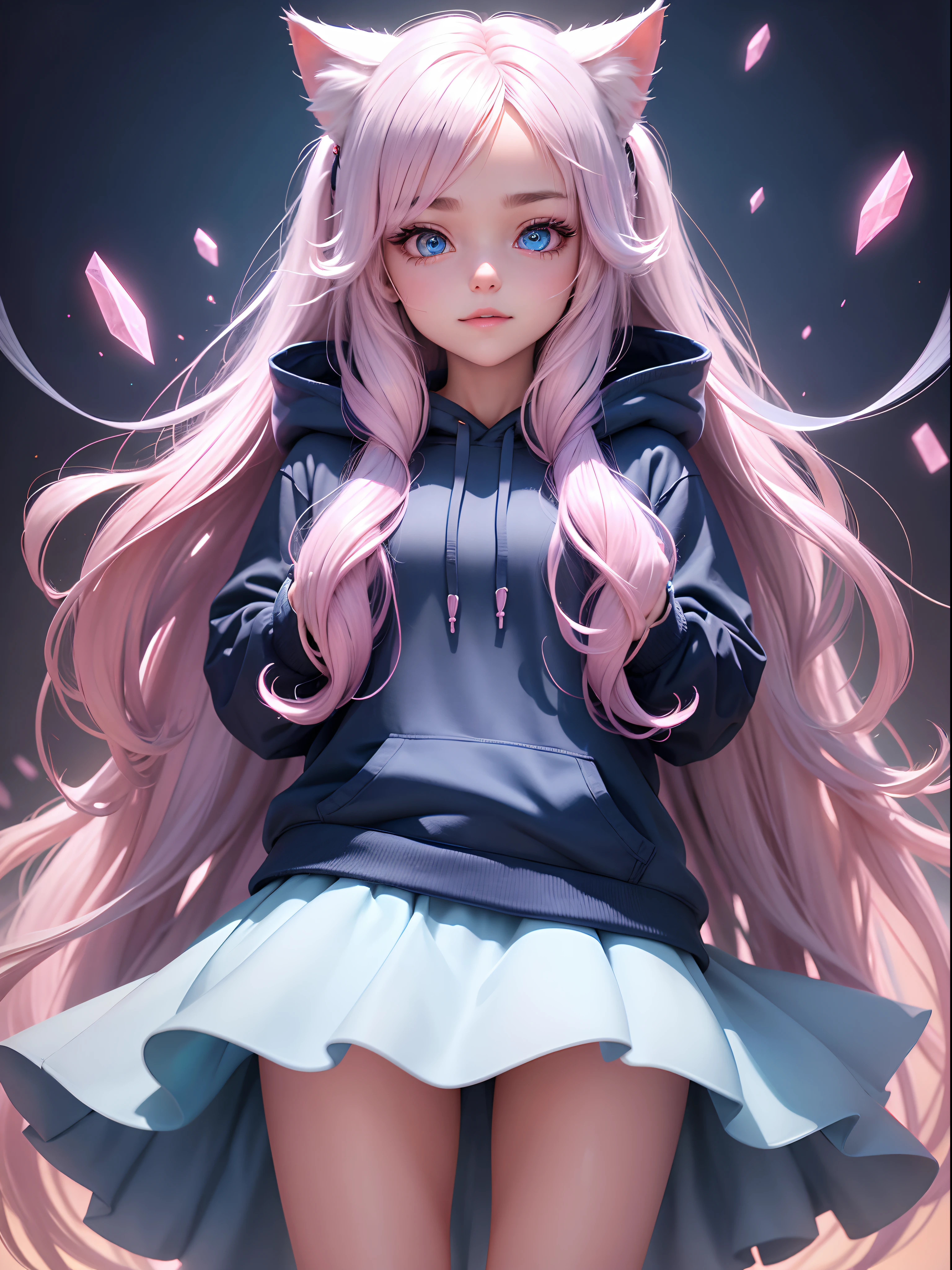 1 girl, wearing a hoddies, white long hair, cat ears, mini skirt, blue to pink gradient, ultrahd, 8k, 12k, high res, perfect cute face with details, , best quality, sharp images, gradient blue and pink eyes, perfect eyes, clean crystals in eyes, cloudy sky background, cute smile, looking at viewer, only 5 fingers in each hand, useless background removed, remove extra fingers