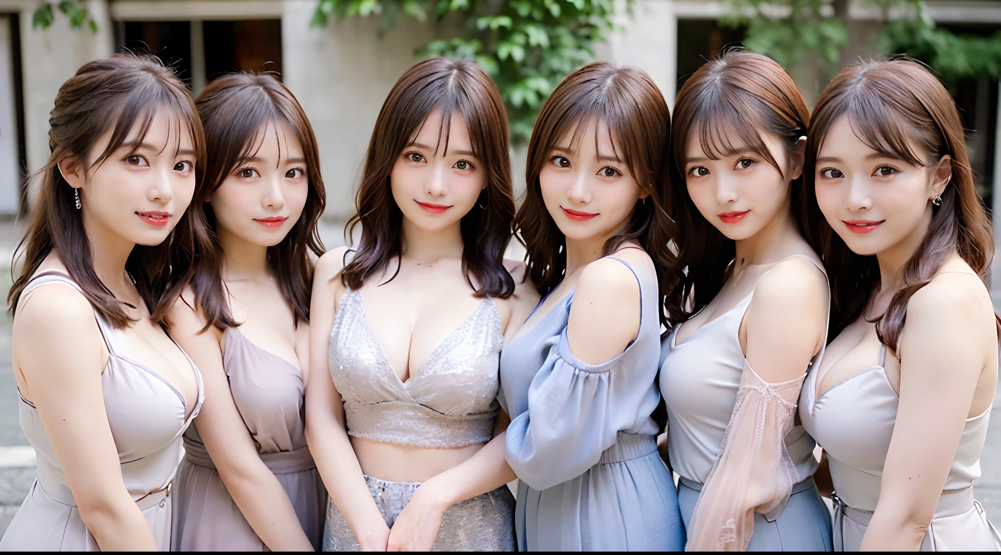 masterpiece, Better Quality, hight resolution, ((Photorealsitic:1.4, Raw photography, 超A high resolution,Top image quality: 1.4)), ((upper body 1.5)), Beautiful detailed eyes, Natural Color Lip, ((A big smile:1.5)), ((Random and cute curly hair)), ((Random breast sizes from large to medium、cleavage of the breast:1.2)), ((Random fashionable clothes:1.5)), ((Random light clothing:1.2)),((breastsout、under look eyes、Mole on the arm:0.9)), ((peer in from below)), ((street corner)), ((Random and cute facial expressions)),, ((4 girls、Four people standing side by side:1.5)) very detailed and professional lighting、 ((Random and cute facial expressions:1.5))、 ((Waki Display:1.5))、 ((I'm showing off my waki:1.5))、 ((thigh visible:1.5))
