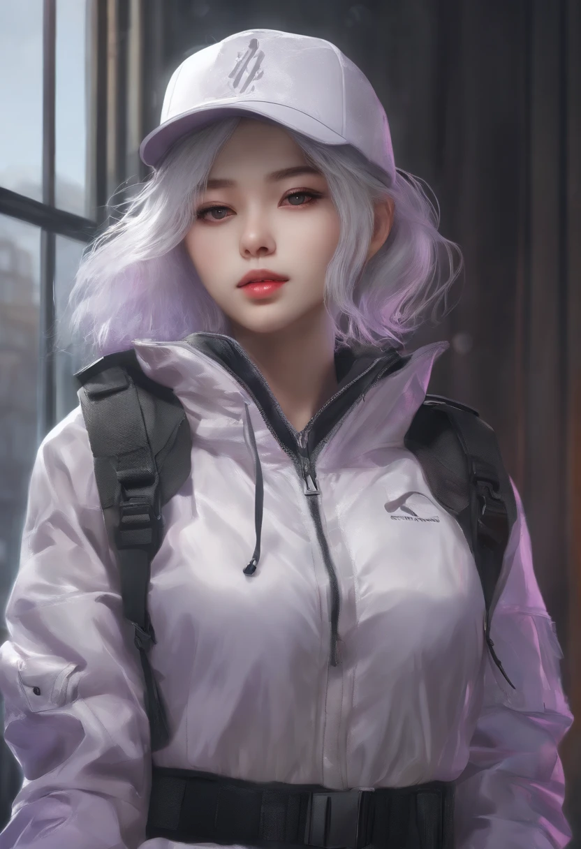 masterpiece, best quality, 4k, UHD, mishoujo, painting, beautiful eyes and detailed face, illustration, beautiful detailed, high resolution illustration, glowing_white_particles, 1girl, white hair, light purple eye, hair over one eye, short sidetail, baseball cap,expressionless, window shade, black jacket, chest rig, cyberpunk, techwear,(Impressionism:1.4), Vincent van Gogh