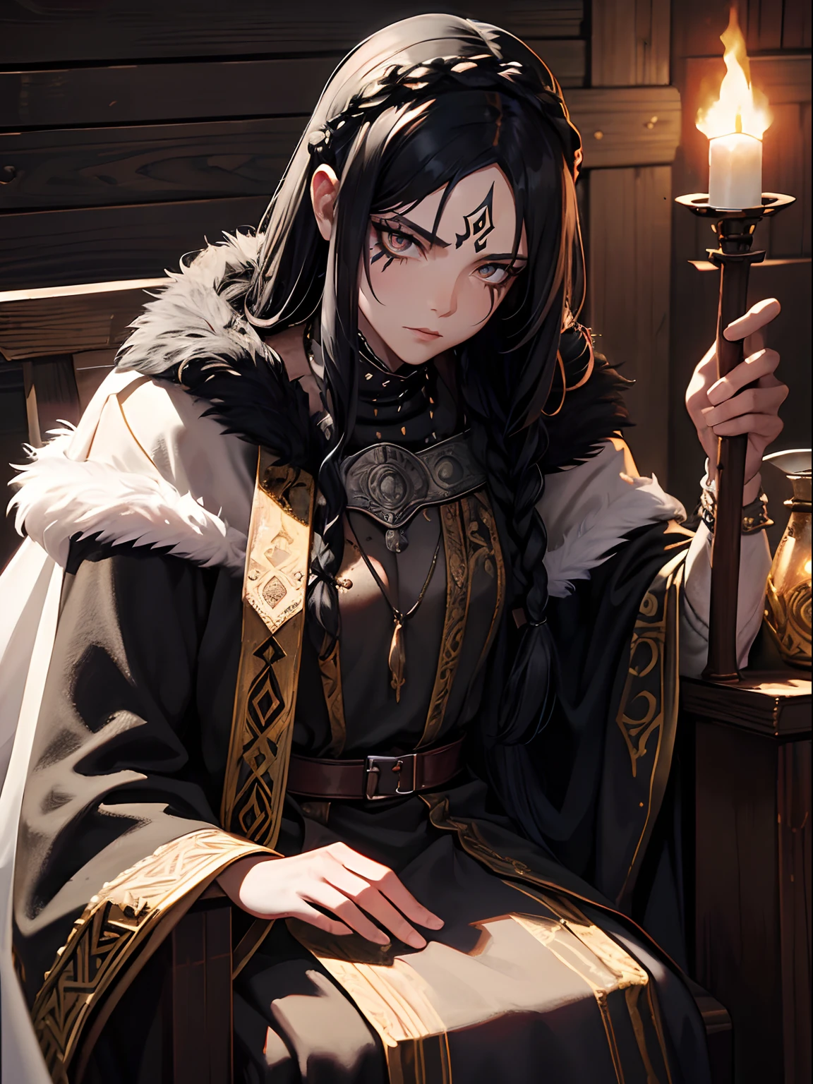 Close up, fantasy world, medieval setting, viking, long house, wooden walls, fire pits, throne, elderly woman, jarl, commanding, white eyes, long black hair, braided black hair, authoritative gaze, stern look, black face paint, baggy tunic, dress, fur cloak, jewelry