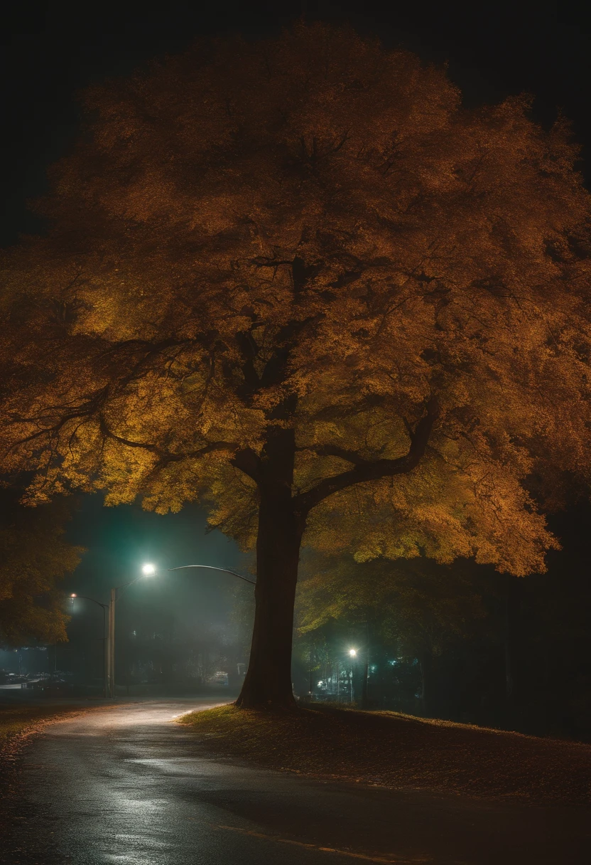 A colorful tree in the dark of the night, no estilo das esferas luminosas, arte conceitual, Joel Robison, Formas fluidas, Imagem UHD, Aquarelas coloridas, Dark emerald and light amber