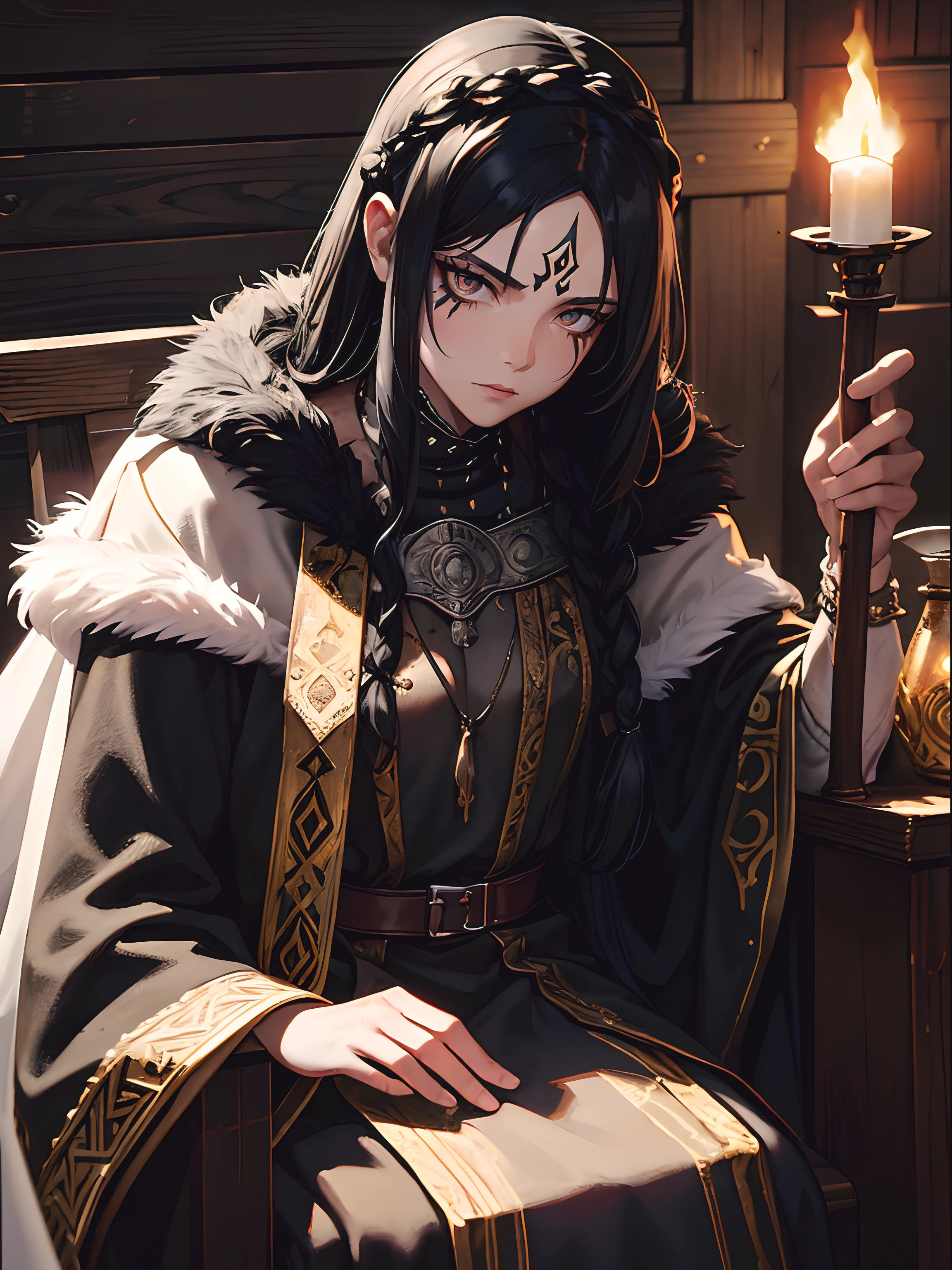 Close up, fantasy world, medieval setting, viking, long house, wooden walls, fire pits, throne, elderly woman, jarl, commanding, white eyes, long black hair, braided black hair, authoritative gaze, stern look, black face paint, baggy tunic, dress, fur cloak, jewelry