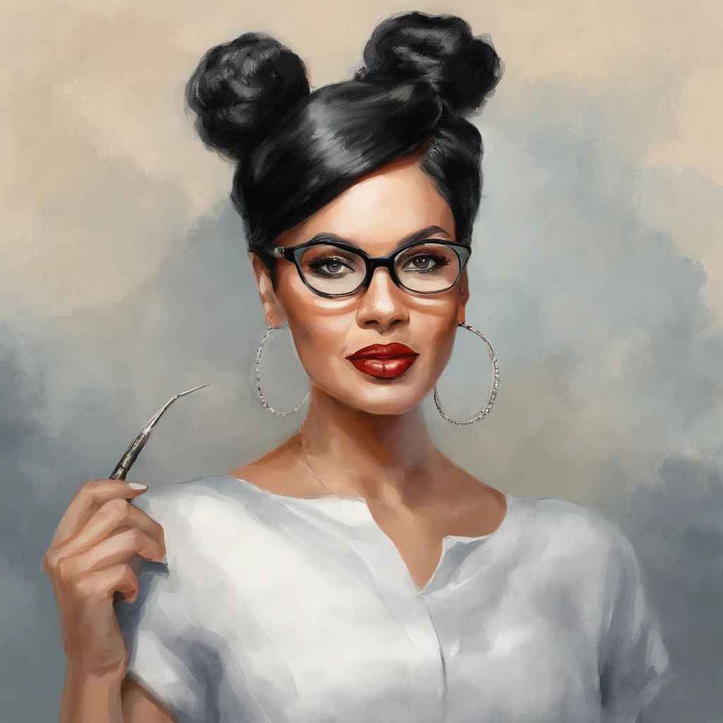 black hair, hair bobbles, wince, longeyelashes, solid circle eyes, light smile, fang, eye glass, high-heels, Surrealism, drop shadow, anaglyph, stereogram, tachi-e, pov, atmospheric perspective, 8k, super detail, ccurate, best quality