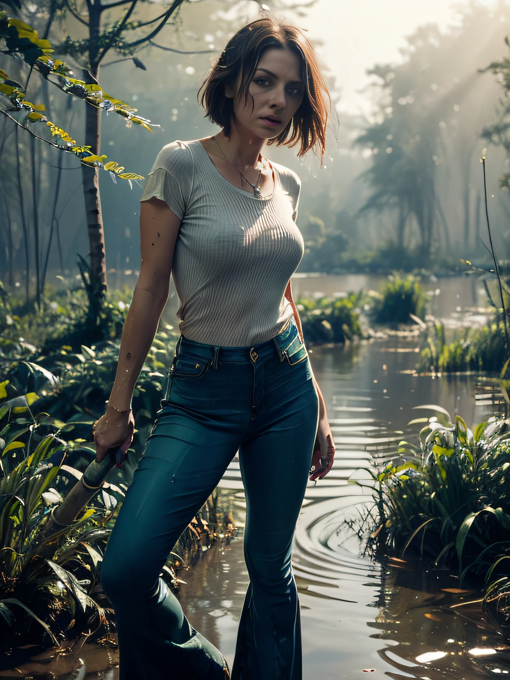 (Flared jeans:1.6), (soaked in brown mud:1.2) (Best Quality,hight resolution:1.2),The woman,Pronounced wrinkles,Bob haircut,Detailed eyes and face,blouse,expression of despair,Dark and moody lighting,desperation,At the bottom of the ravine,Dense forest around,(drowning in a swamp:1.4),posing standing