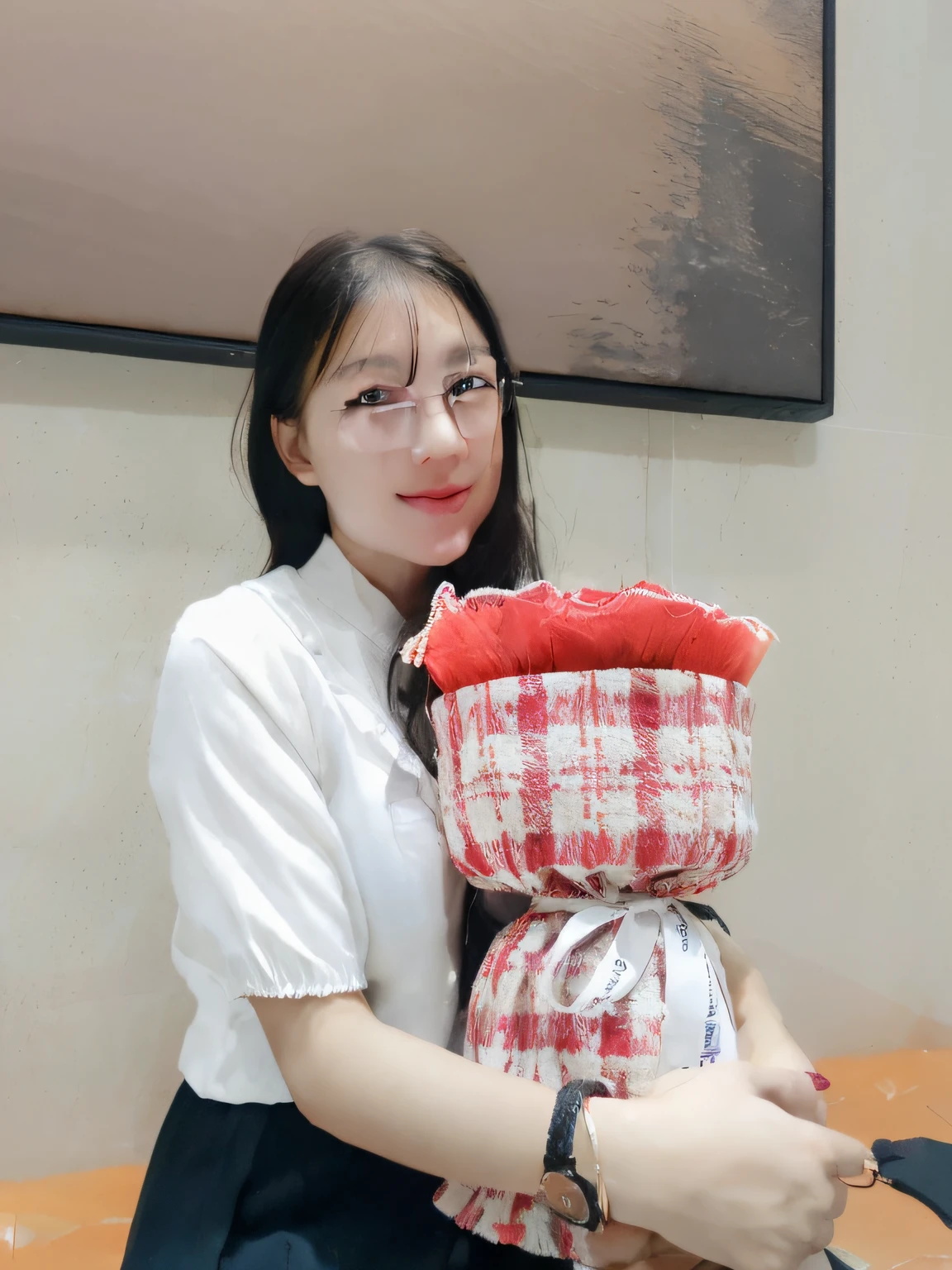 (8K, Photorealsitic, RAW photography, Top image quality: 1.4), a girl holding a flower, a picture at her back, the flower was red, she wearing a watch, white shirt and black skirt, make it realistic, best quality, 1girl, ((looking at viewer)), lilac hair, purple eyes, long hair, ahoge, sweater, sweater skirt, pantyhose, 163cm, hair between eyes, large breasts, adult, 22 years old, mature, glasses,