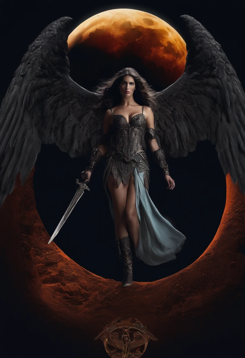 (Numerous masterpieces, Award-winning, with incredible detail, Textures and maximum detail), (Full-length standing image:1.8), (Upper Body Up:0.3), (hyper realistic:1.4), (Realistic:1.3), (best quality real texture skin), (Demon Warrior of the Lord of Hell: 1.6), (Holds the sinister straight hilt of a sword, that radiates the elaborately decorated glow of hellfire: 1.9), (Finely detailed true circle Symmetrical eyes), (Finely traced beautiful face), ((The Medieval World)), (Full body armor with elegant décor, Radiating an ominous glow: 1.8), (:1.8),  (naked breasts), (Smiling cruelly), (Eyes of sinister color, Filled with anger), (Majestic storm clouds and sky with shining lightning: 1.4), (Galoptic phenomenon:1.3), Dramatic light, A majestic sight, (Large wings with jet black feathers on the shoulders:1.7), (((Folded wings))), Glass earrings on the ears, (((Dramatic photo))), (Full-length standing image:1.8), (Sacred Pose), (Golden hair), (Silver hair), (brown-hair), short-cut hair, ((Looking Up)), ((Looking down)), (Around her neck is a simple necklace of exquisite workmanship), Old ruins, teeming with plants, The Great Temple, The Great Cathedral, Ruins of the temple, Detached temple, (Glowing Magic Circle), Ruins of an ancient castle, Abandoned ruins, Crushing ruins, Ancient ruins with clear water, Highly detailed, ultra-realistic, intricate details, painting (Artwork), ((Masterpiece,Best Quality)), ((cinematiclight)), hyper realistic, fearsome, Dark Fantasy, Sacred Light, Epic Realistic, Faded, ((neutral colors)), Art, (HDR:1.5), (Muted colors:1.2), hyper detailed, (Art Station:1.5), Cinematic, Warm light, luminous effect, Dramatic light, (intricate details:1.1), Complex background, (by Greg Rutkowsky:0.8), (teal and orange:0.4),