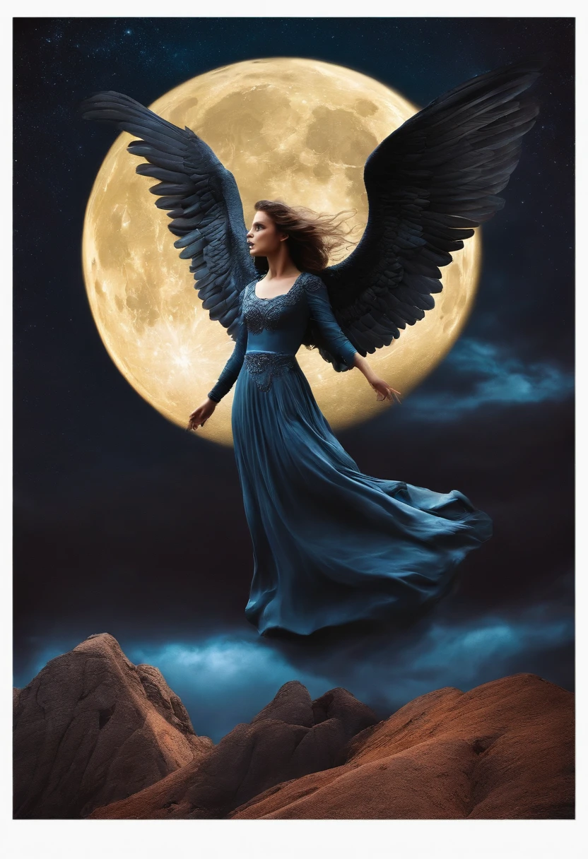 Dark angel on the background of the moon