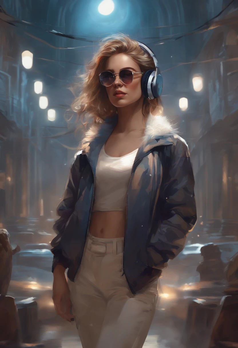 Perfect centering, Cute kittens everywhere, Wear a student jacket, Wearing sunglasses, Wearing headphones, Standing position, Abstract beauty, Centered, Looking at the camera, Facing the camera, Approaching perfection, Dynamic, Moonlight, Highly detailed, Digital Painting, art stations, concept-art, Smooth, Sharp Focus, 8K, hight resolution, Illustration, art by carne griffiths and wadim kashin, White background