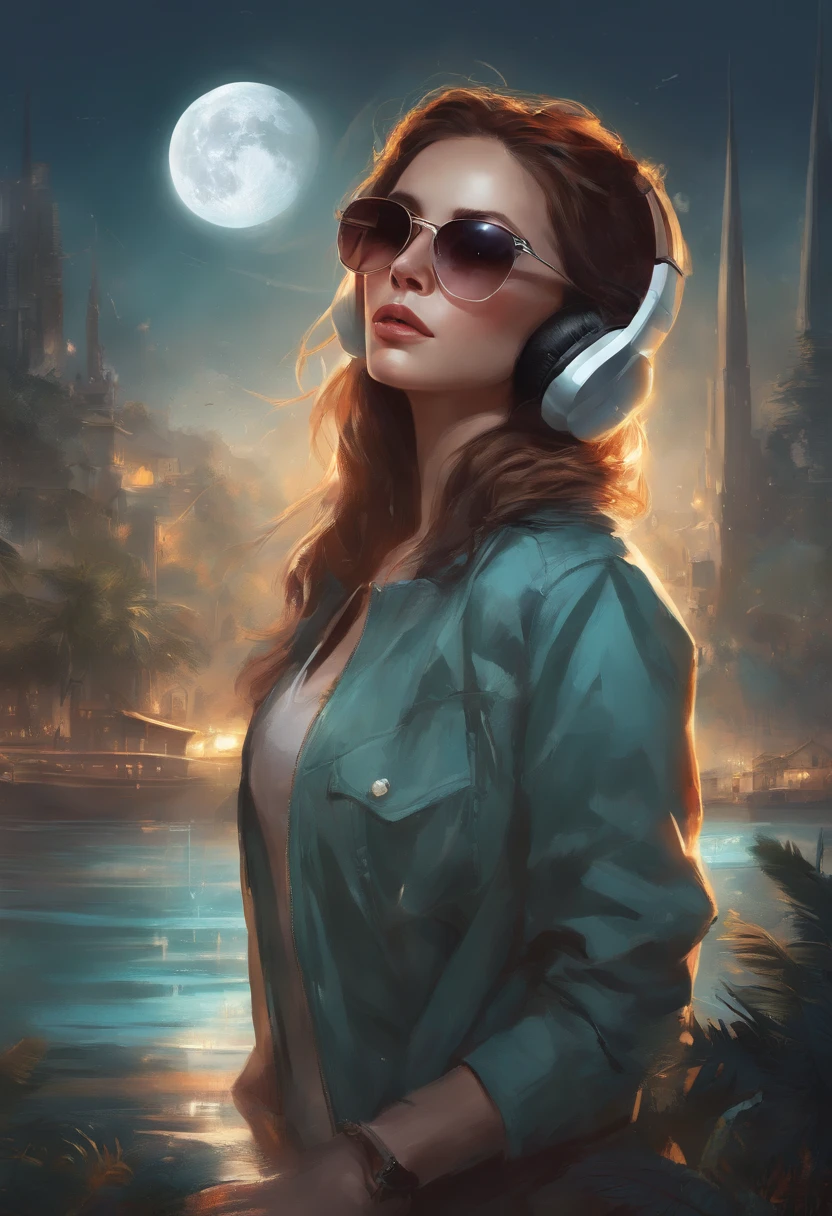 Perfect centering, Cute kittens everywhere, Wear a student jacket, Wearing sunglasses, Wearing headphones, Standing position, Abstract beauty, Centered, Looking at the camera, Facing the camera, Approaching perfection, Dynamic, Moonlight, Highly detailed, Digital Painting, art  stations, concept-art, Smooth, Sharp Focus, 8K, hight resolution, Illustration, art by carne griffiths and wadim kashin, White background