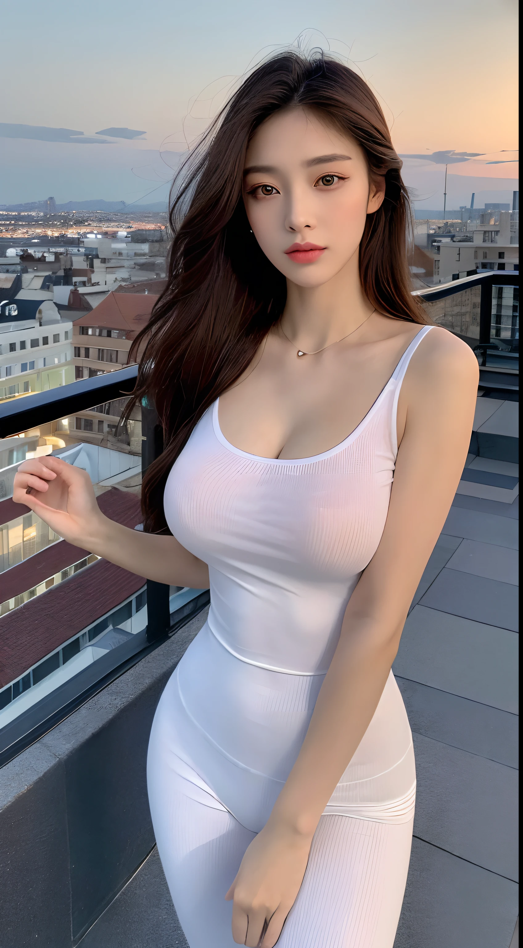 ((Midnight, Best quality, 8k, Masterpiece :1.3)), Whole body, Long legs, Sharp focus :1.2, A pretty woman with perfect figure :1.4, Slender abs :1.1, ((Dark brown hair, Big breasts :1.2)), (White tight tshirt with nipple contour becomes visible, legging, Standing:1.2), ((Night city view, Rooftop:1.3)), Highly detailed face and skin texture, Detailed eyes, Double eyelid