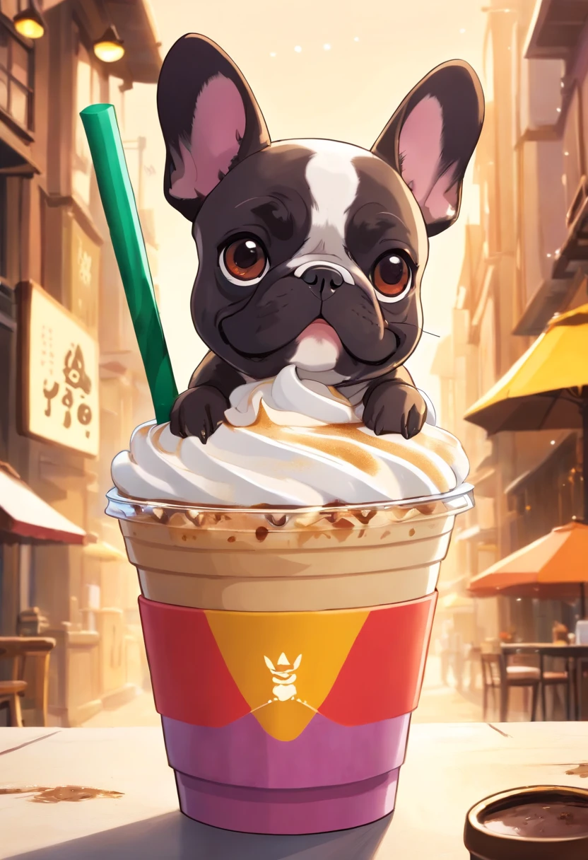Unique, Cartoonish playful French bulldog-shaped cup, Colorful Starbucks-style frappuccino, French Bulldog Logo.