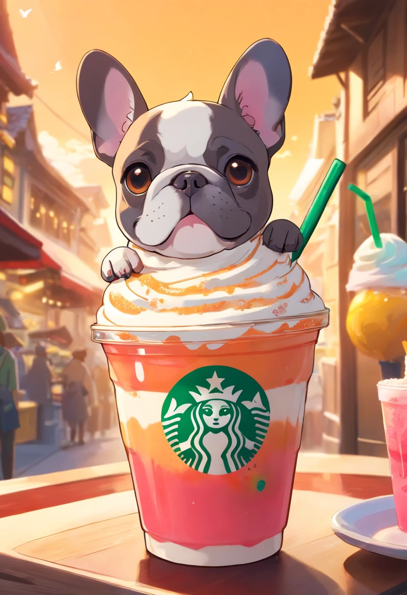 Unique, Cartoonish playful French bulldog-shaped cup, Colorful Starbucks-style frappuccino, French Bulldog Logo.