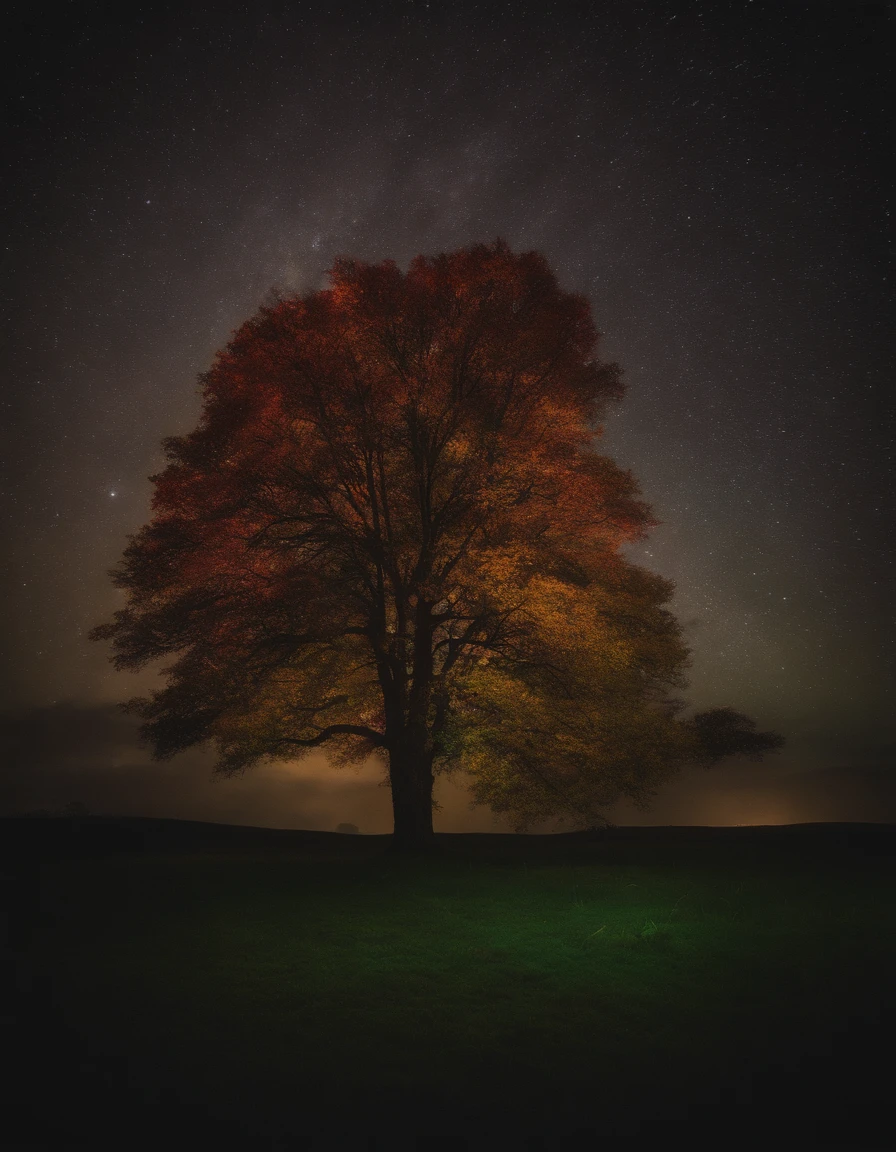 A colorful tree in the dark of the night, no estilo das esferas luminosas, arte conceitual, Joel Robison, Formas fluidas, Imagem UHD, Aquarelas coloridas, Dark emerald and light amber