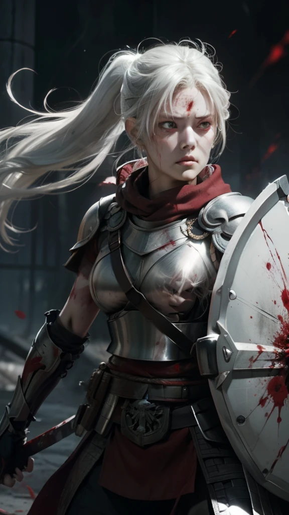 White-haired woman, terrifying appearance, with a katana and a shield, red eyes, on a battlefield covered in blood, wearing Spartan clothes, with a scar on her left eye,