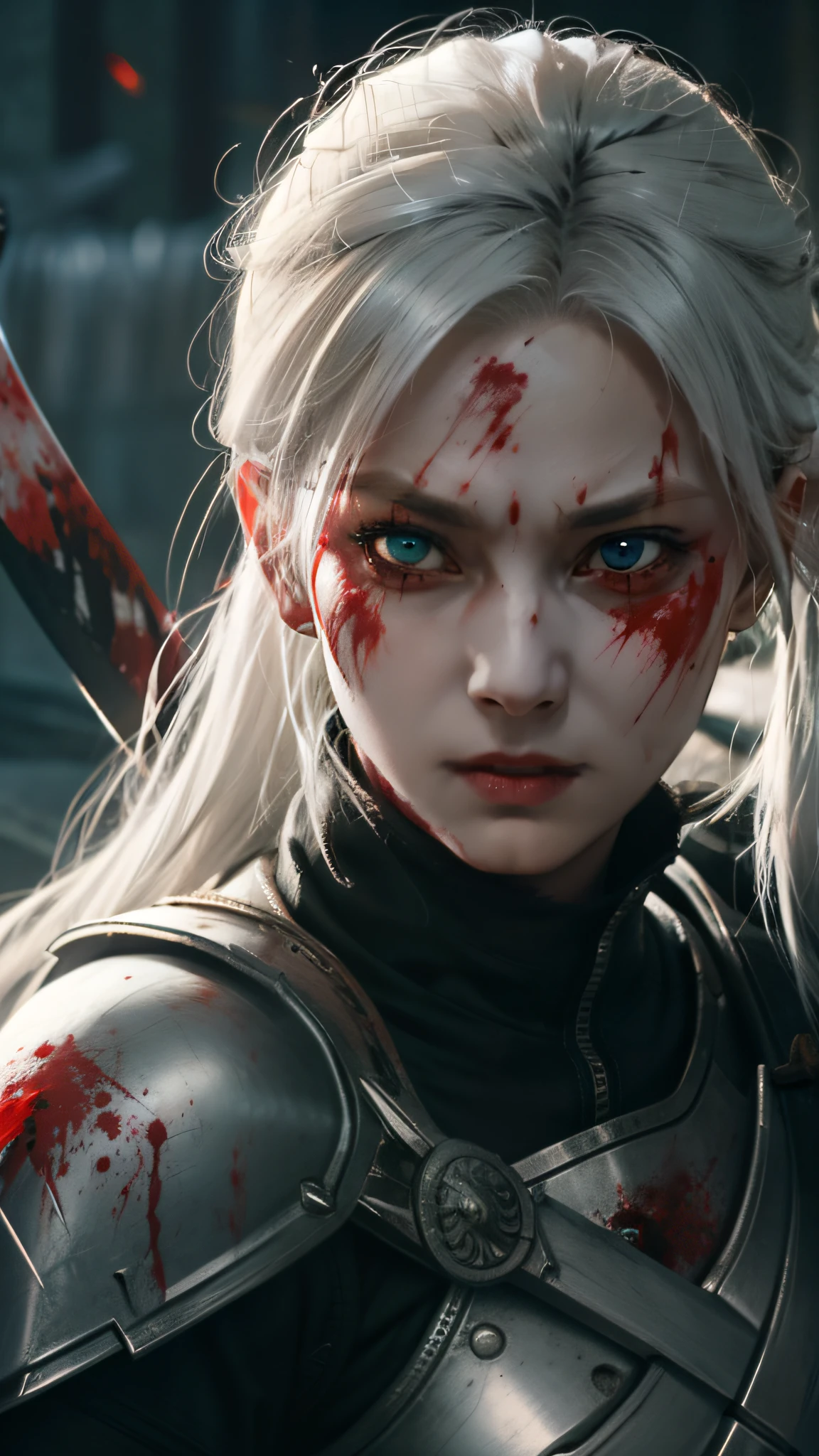 White-haired woman, terrifying appearance, with a katana and a shield, red eyes, on a battlefield covered in blood, wearing Spartan clothes, with a scar on her left eye,