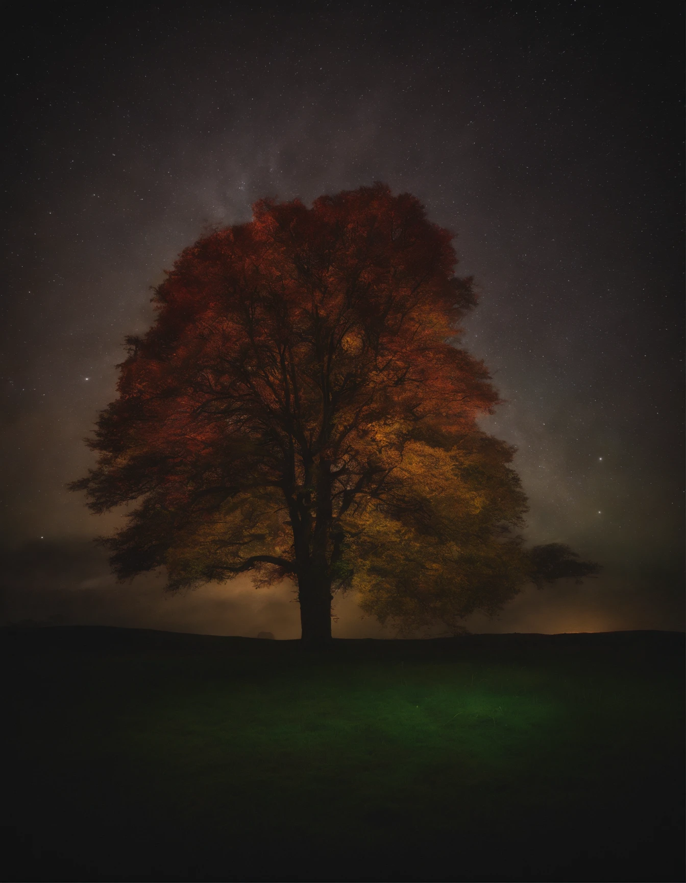 A colorful tree in the dark of the night, no estilo das esferas luminosas, arte conceitual, Joel Robison, Formas fluidas, Imagem UHD, Aquarelas coloridas, Dark emerald and light amber