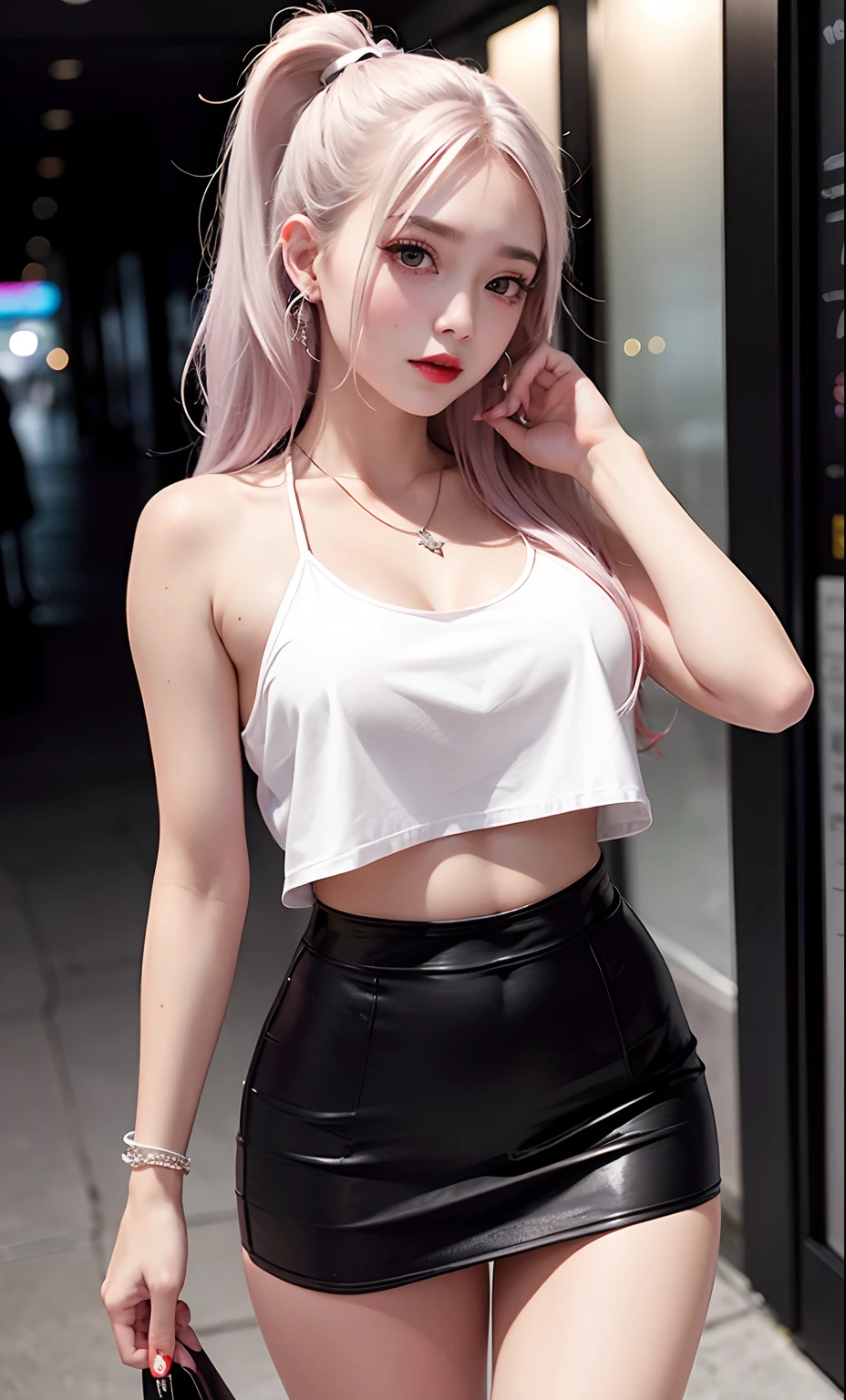 Beautiful girl college student in the city、masterpiece、belly button piercing、Bright makeup、red-lips、Silver hair、messy long hair、school background、Beautiful fece、elegance。super fine details、master work、lifelike textures、cinematic lighting realism、perfect works、8k、HD、Exquisite facial features、White tight open cut top、Transparent white tight shorts、slim figure、Bright Big Eyes、slick skin、耳Nipple Ring、a necklace、very short black skirt