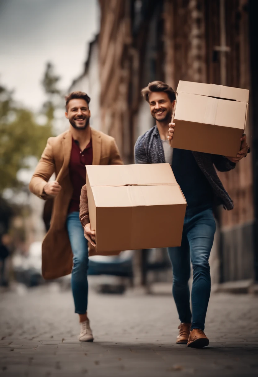 Create an image with happy people carrying moving boxes