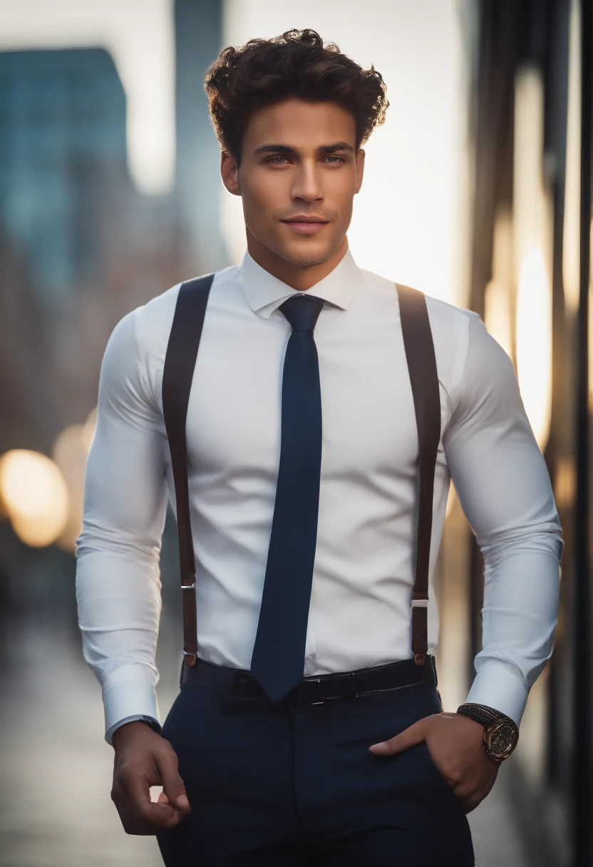 mixed race young man,beautiful detailed blue eyes,dark hair,dark suit,confident expression,sharp jawline,vibrant skin,smiling,handsome face,standing pose,city backdrop,professional studio lighting,realistic,photorealistic:1.37,portraits,vivid colors,cool tone,soft lighting