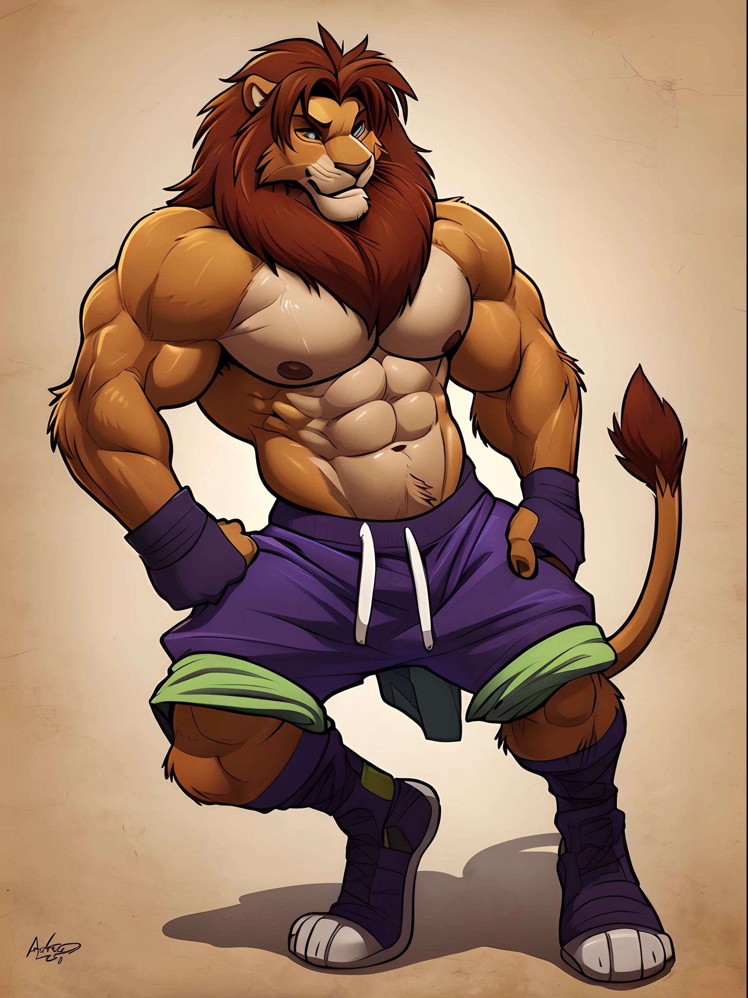 Lora:Simba, altura completa. 4k, High resolution, La mejor calidad, Publicado el E621, solamente, Anthropogenic body, male lion, adulto, Masculino, (flaco, pectorales fuertes, defined muscles, hombros musculosos), anatomy correct, (Fondo del ring de boxeo, Antecedentes del gimnasio), (fondo borroso, Fondo desenfocado:1.2), (por WFA:1.0), (por takemoto arashi:1.0), (por Taran Fiddler:0.5), sexy, (cel sombreado, sombreado caricaturesco:1.2), Lineart negro, Contorno negro, flat coloring, (Sombras fuertes, Sombras oscuras:1.2), (pantalones cortos rosas, Topless, Guantes de boxeo), sombras sexys, Lion's tail, Postura esbelta, boca abierta, Sacar la lengua, abrir:1 ojos, ojos detallados, Cabeza inclinada, exhausto, wet sweat:1.2, (Magullado:1.6, Shiner:1.2), colapsado