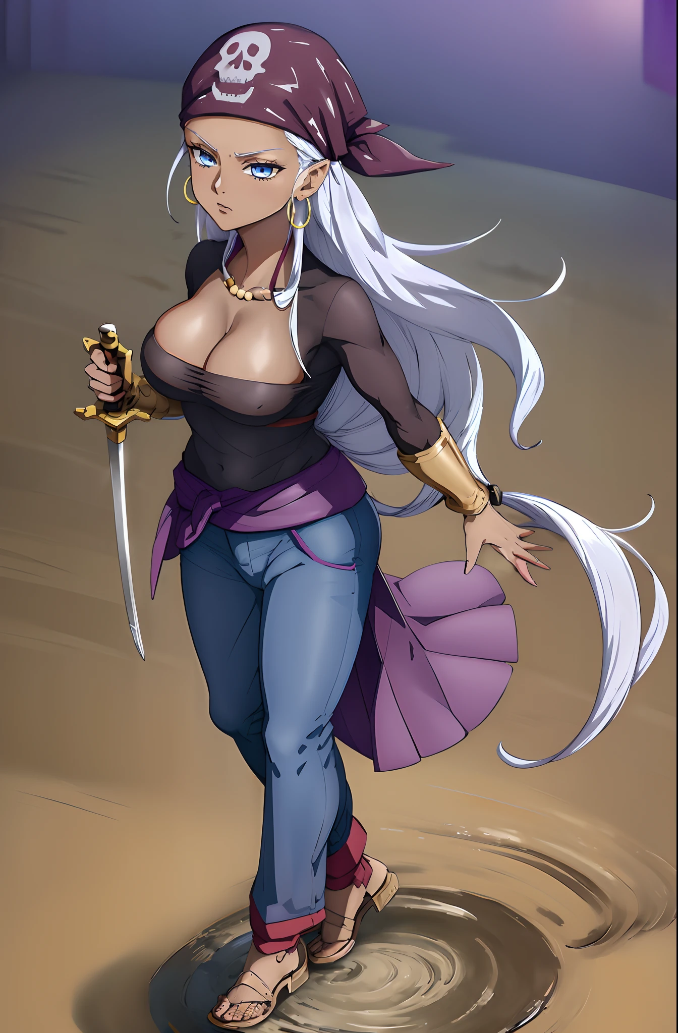 best quality, (masterpiece),(ultra-detailed), (high quality), (high resolution), 1girl, bandana, bandeau, blue eyes, cleavage, dark skin, dark-skinned female, earrings, eyelashes, hoop earrings, jewelry, long hair, medium breasts, pirate, solo, solo focus, white background, white hair, zola, full body standing, seriouse facial expresion, pants,holding sword,walking, smug,misteryous