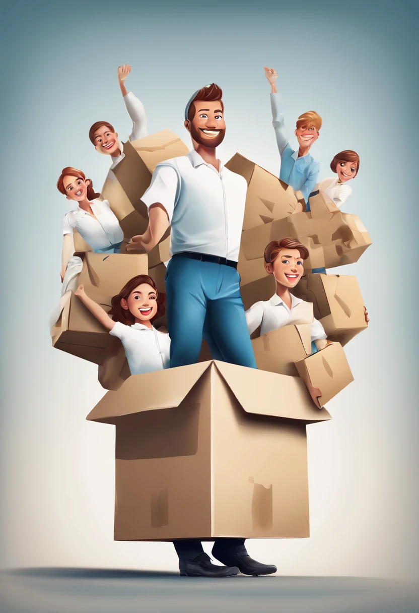 Create an image with happy people carrying moving boxes