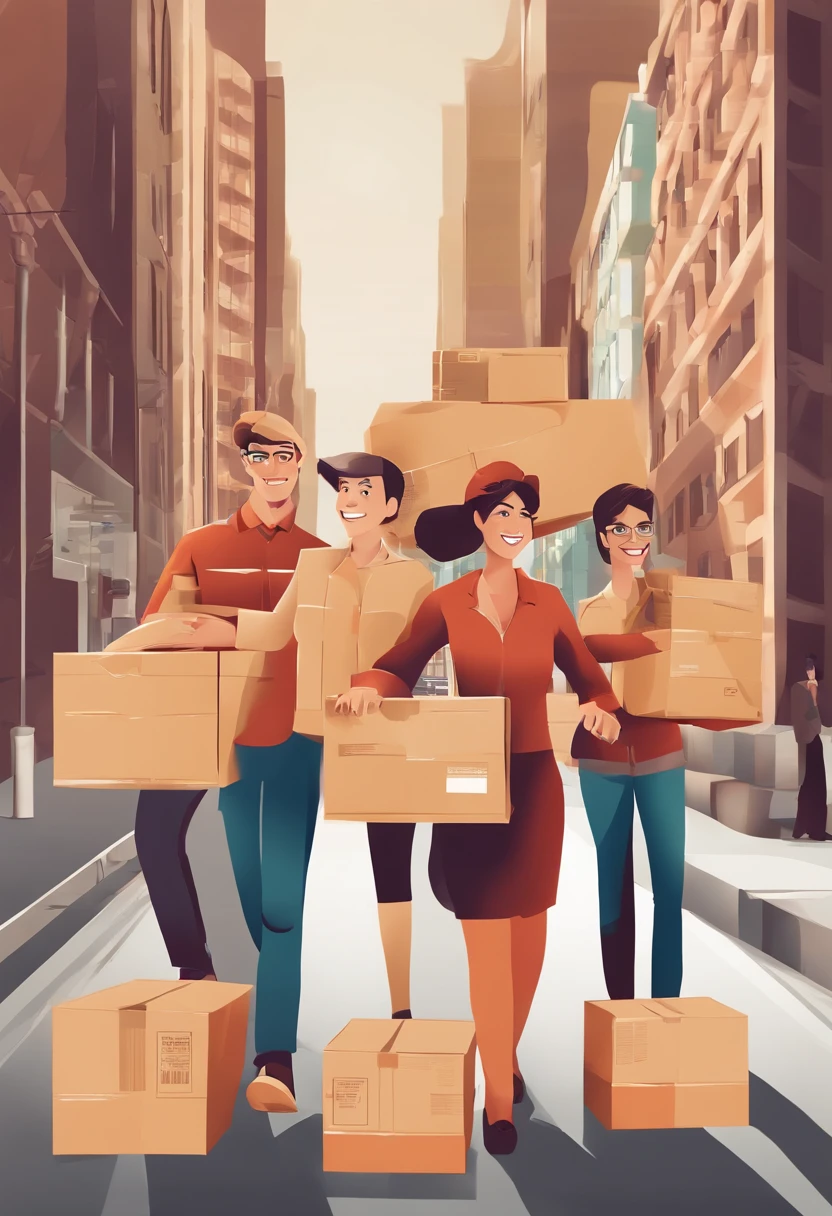 Create an image with happy people carrying moving boxes