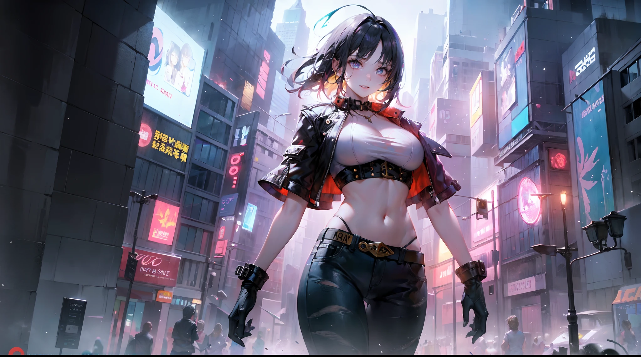 energetic and confident, a tomboy rogue, with a strong appearance. The girl in the painting has a great physique, with yellow very short hair that adds to her bold and daring look. Her eyes are beautifully detailed, capturing her vibrant spirit. Her lips are also beautifully detailed, with a hint of a smirk, reflecting her mischievous nature.
Her attire is stylish and edgy, with a mix of rugged and fashionable elements. She wears a fitted leather jacket, perfectly accentuating her strong figure. The jacket is adorned with metal studs and patches, showcasing her rebellious side. Underneath, she wears a graphic t-shirt that complements her energetic personality. Her bottoms consist of ripped skinny jeans, giving her a carefree and adventurous vibe.
In the background, we see a bustling cityscape, with towering skyscrapers and bright neon lights. The city is alive with energy, mirroring the girl's lively and vivacious spirit. The vibrant colors of the city lights create a dynamic atmosphere.
To enhance the visual impact of the artwork, we want to emphasize the best quality and attention to detail. The image should be ultra-detailed, capturing every intricate aspect of the girl's appearance. We aim for a realistic and photorealistic representation of the scene. The colors should be vivid and vibrant, evoking a sense of excitement and adventure.
For the lighting, we want a dramatic and dynamic effect. The girl should be illuminated by the neon lights of the city, creating interesting contrasts between light and shadow. The lighting should bring out the textures and details of her attire, enhancing the overall visual impact.
Overall, this artwork portrays a fierce and confident tomboy rogue, exuding energy and strength. The combination of her strong appearance, big breasts, and short yellow hair creates a memorable and captivating image. The vibrant cityscape and attention to detail further enhance the overall artwork, making it a masterpiece of modern urban art.
