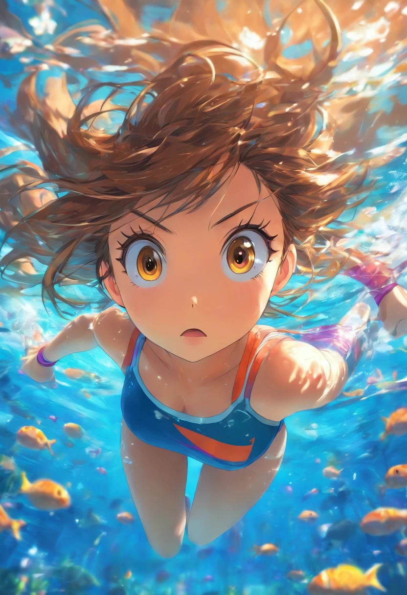 foreshortening, profundidade de campo, master part, best quality, 1girl, brown hair, olhos castanhos, cabelos longos, underwater, bolha de ar, sozinho, Olhando para o Viewer, school school swimsuit, swimming, luz solar fraca,