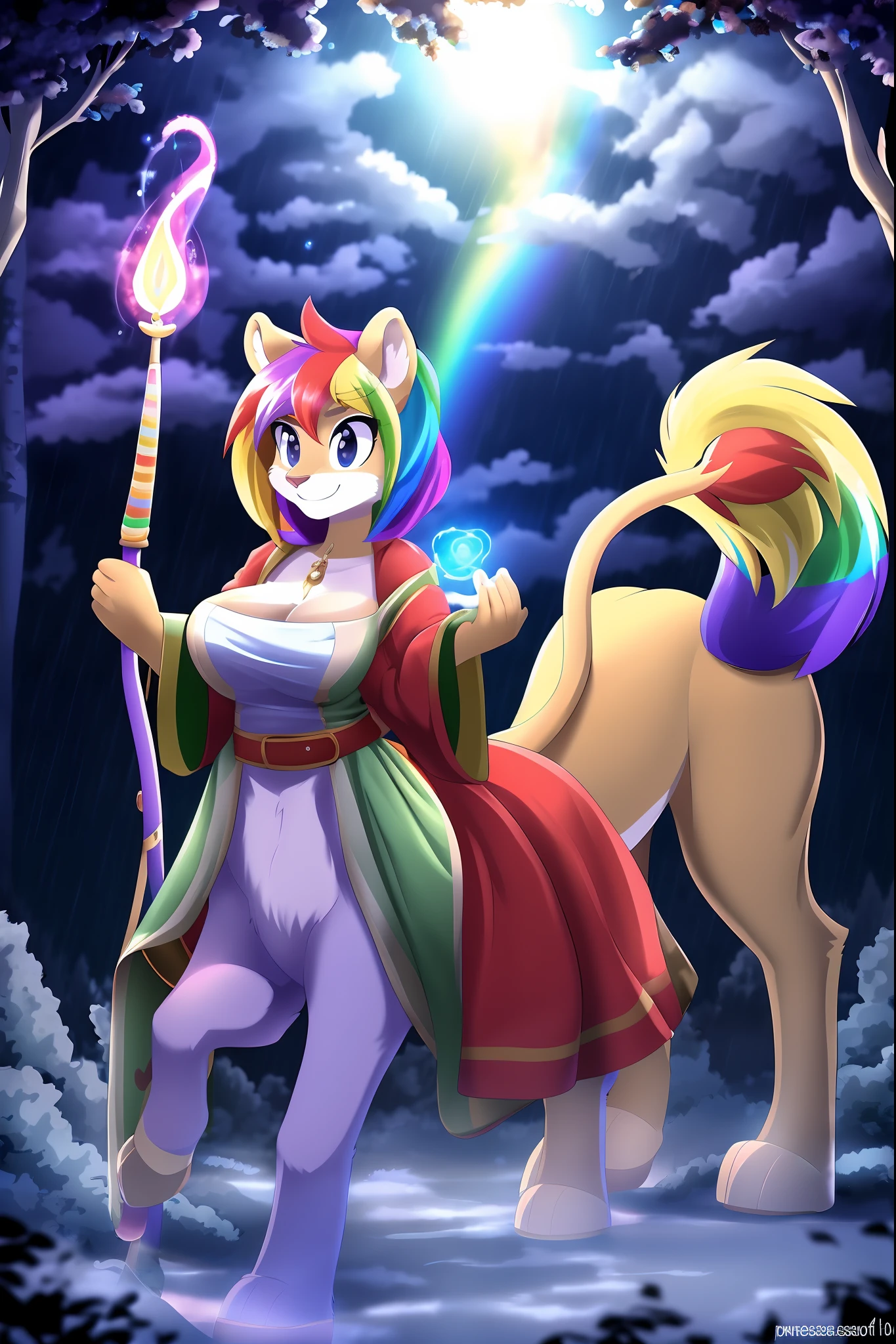 masterpiece, best quality,a portray of female lion , horsetaur,horse ,extemely detailed, magic girl, ,light magic effect, forest, digital photography,(holding magic staff:1.2), rainbow hair, weather aura,toon cartoon,, kemono, tomboy, short hair, furry, smile, rain, weather, rainbow, robe, smile, parasoul tail, toon, big breast , curvy,glove,, parasoul tail