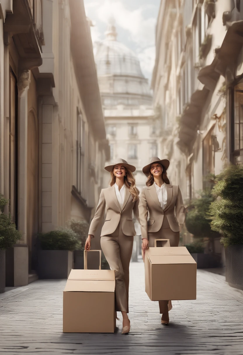 Create an image with happy people carrying moving boxes