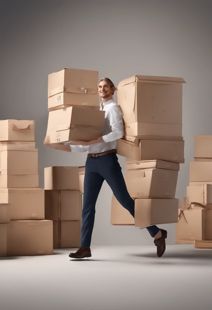 Create an image with happy people carrying moving boxes