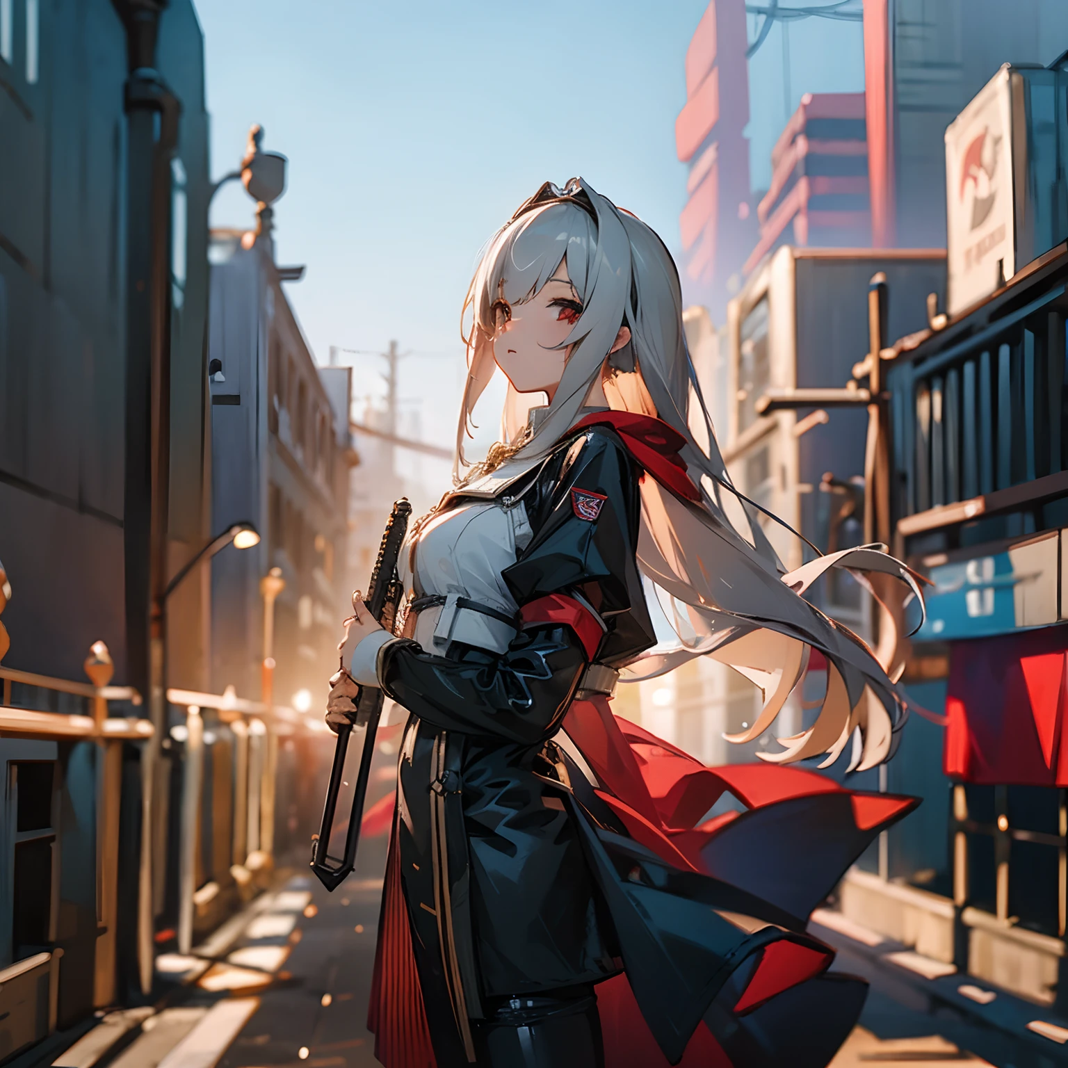 (extremely detailed CG unity 8k wallpaper),(Masterpiece), (Best Quality), (Ultra-detailed), (Best illustration),(better shadow), Cowboy shot, (Sharp eyeliner, eyeshadows, A detailed eye:1.1), (town background:1.2), ,BREAK , Mod3 (Girls' Frontline), ,