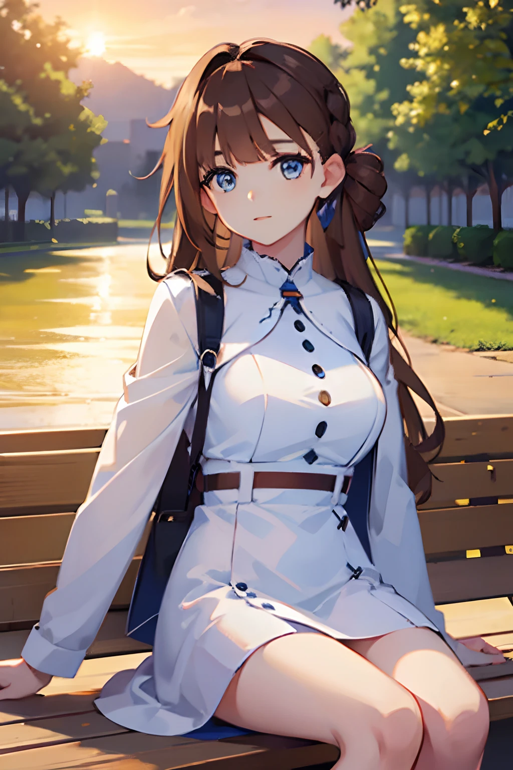 Young woman, white dress, sitting on bench, long light brown hair, blue eyes, sunrise