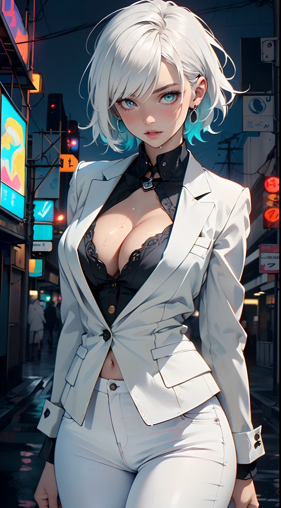 cute albino girl,(((1girl))),((albino girl with extremely cute and beautiful white hair)),
(small breasts:1.4),(((white hair:1.35,colored inner hair,ear breathing,small white hair,tomboy haircut))),((heterochromia:1.5, (aqua_eye and white_eye))),intricate eyes,beautiful detailed eyes,symmetrical eyes,((fat)),(((pale skin,lustrous skin:1.5,bright skin: 1.5,shiny skin,very shiny skin,shiny body,plastic glitter skin,exaggerated shiny skin,illuminated skin,wet legs))),(spider lower abdomen,narrow waist,wide hip,athletic body,inflated legs,detailed body,(detailed face)),
cute,slutty,seductive,erotic,(((nsfw))),
(((wearing white formal blazer,white pants,))),(((huge cleavage))),((wet clothes,intricate outfit,intricate clothes)),
(dynamic pose:1.0),solo focus,embarrassed,(centered,scale to fit dimensions,Rule of thirds),
cyberpunk city by the ocean at night, with bright neon signs and dark stormy clouds and puddles, scenery:1.25,
artistic photography,(photography taken by sldr),highres, sharp focus, (ultra detailed, extremely detailed), (photorealistic artwork:1.37),(extremely detailed CG unity 8k wallpaper),((synthwave background theme)),(((vibrant colors))),(intricate background),(masterpiece),(best quality)