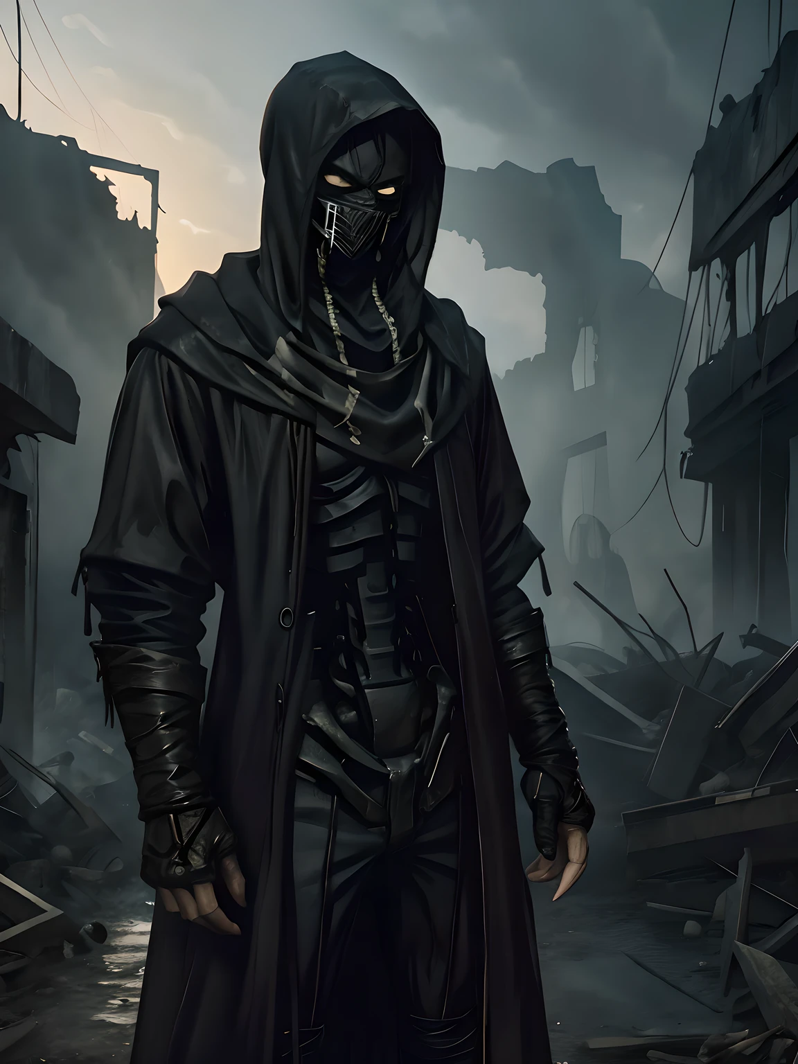 A man in a black raincoat on the background of a ruined city. A man has a skeleton instead of a body, He wears a black mask and hood, Of the human, he has only eyes and the skin around his eyes