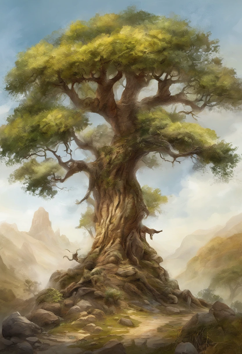 Zeebos, giant epic fantasy tree, Montanhas enormes, Lentes de cinema, wide-angle view, Realistic, skins detalhadas, 8k, trending on artstationh, liso, 3D Animation - AR 2:1 --v 5 --q 2 --s 750