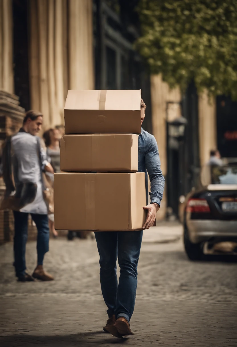 Create an image with happy people carrying moving boxes