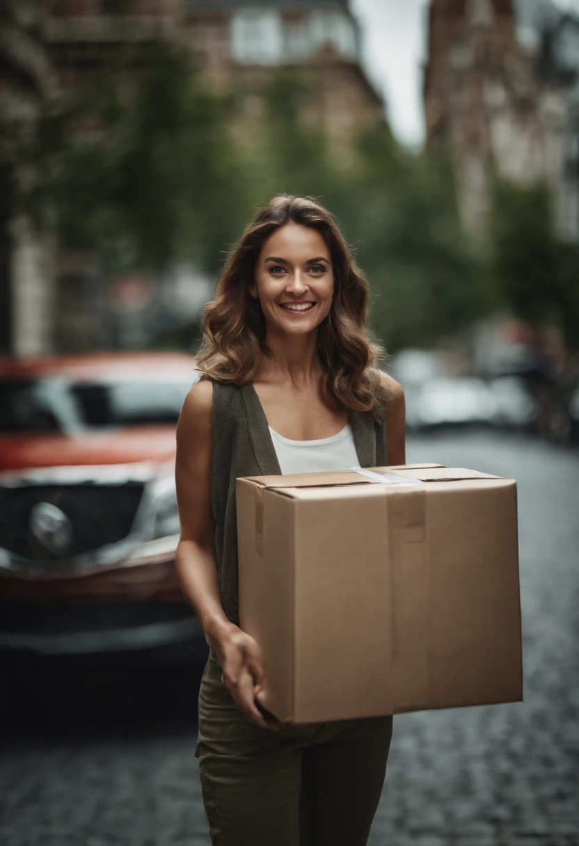 Create an image with happy people carrying moving boxes