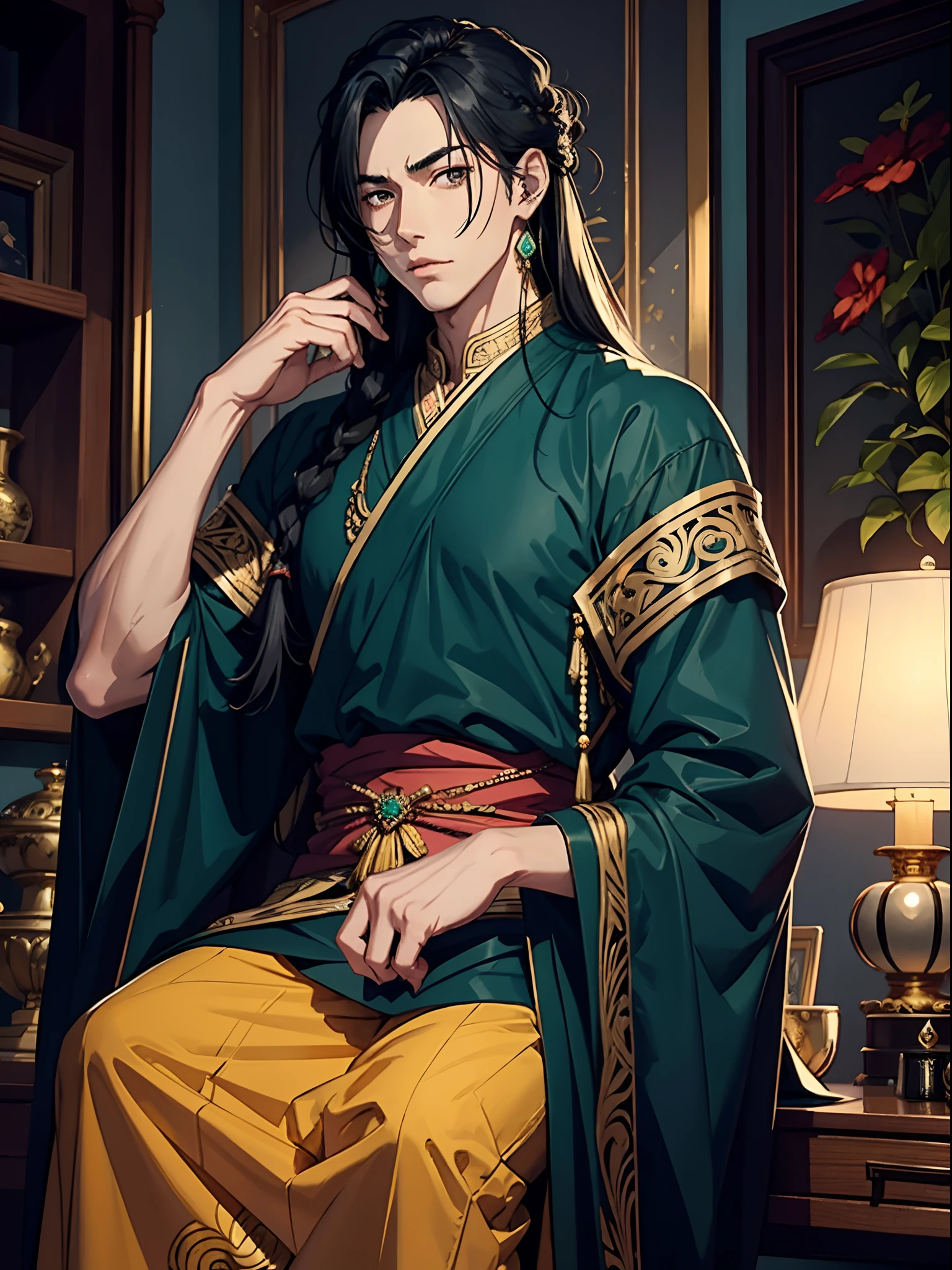 anime handsome man with black hair, emperor, intricate hairstyle, intricate clothes, jade jewelry, jade jewelry box