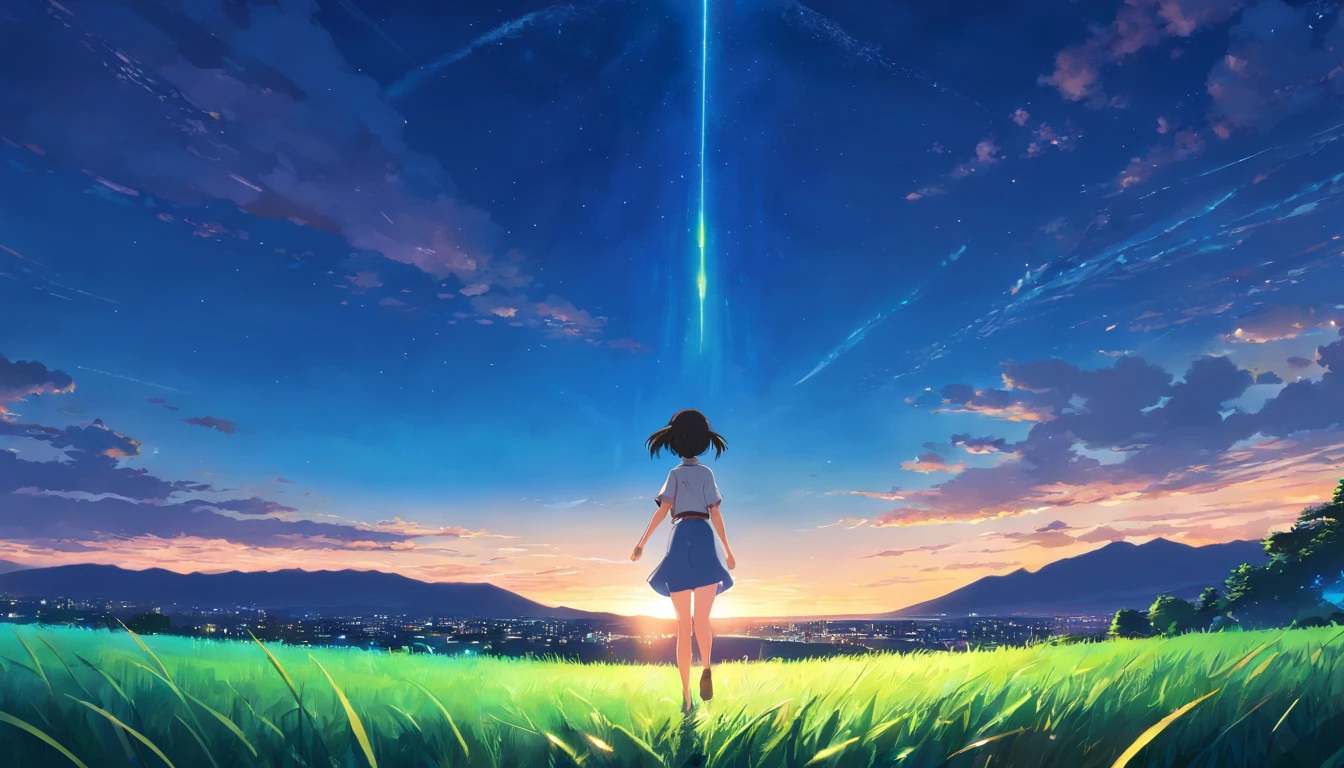 blue sky white clud free fild res sun green grass one girl night view