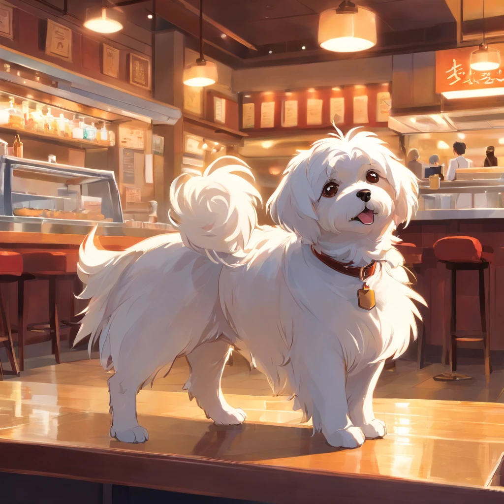 Maltese dog at a restaurant