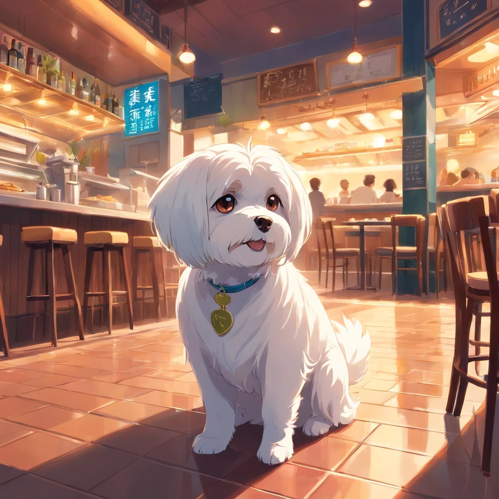Maltese dog at a restaurant