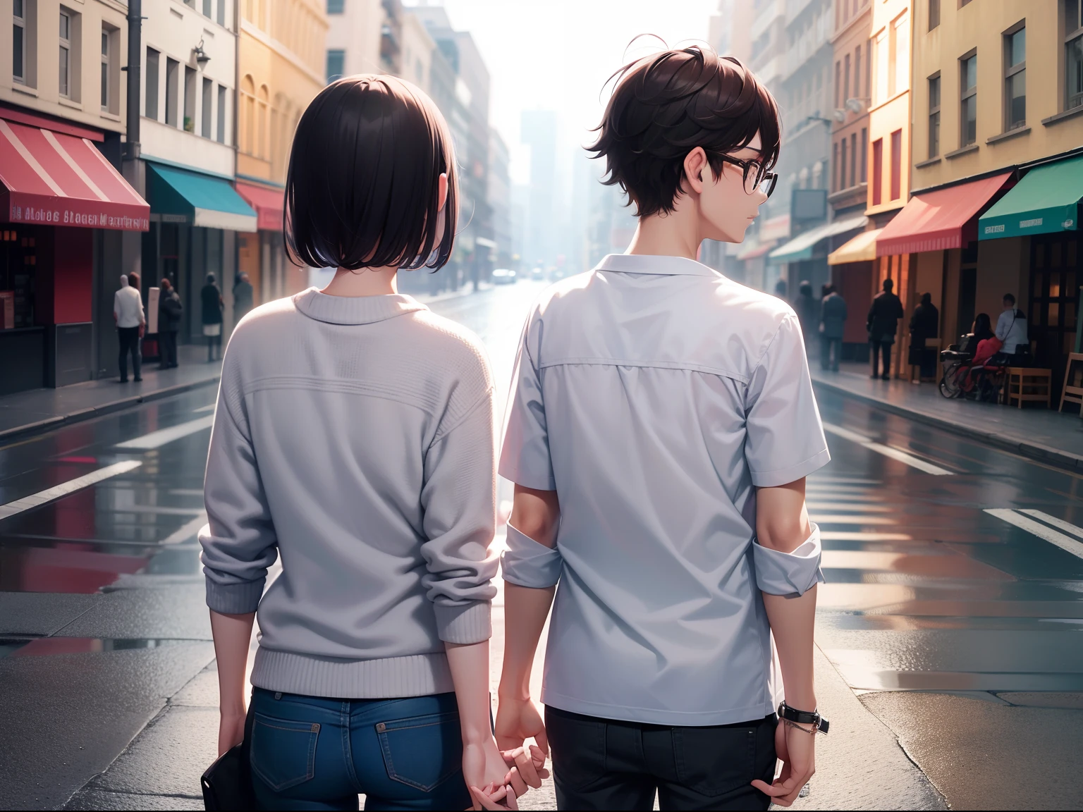 a female and a male, Both have black hair, a guy with round glasses, a guy Middle parted hair, stand and back on to each other, lonely, one side is full of light, one side is dark, rainny, on the street, poddle of water on the road, reflecting, polar opposites, symmetry, panorama, perspective, ray tracing, reflection light, depth of field, masterpiece, best quality, high details, high quality, textured skin, ccurate, UHD, HD