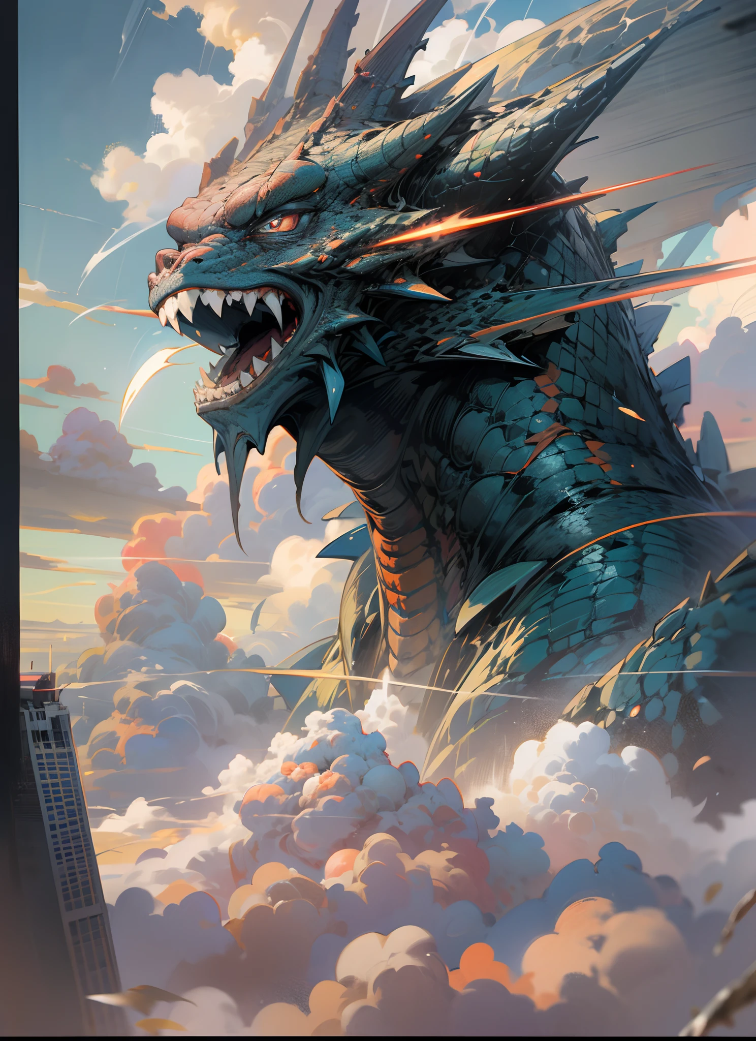 Lagarto gigante en las nubes sobre una ciudad por la noche, Giant kaiju dragon monster, A dragon made of clouds, Pintura digital Godrays, Retrato de Godzilla, Kaiju soaring over New York, Wojtek FUS, Retrato del personaje de Godzilla, Kaiju, Arte conceptual de monstruos, by Adam Marczyński, Monstruo destruyendo Pyongyang --auto --s2