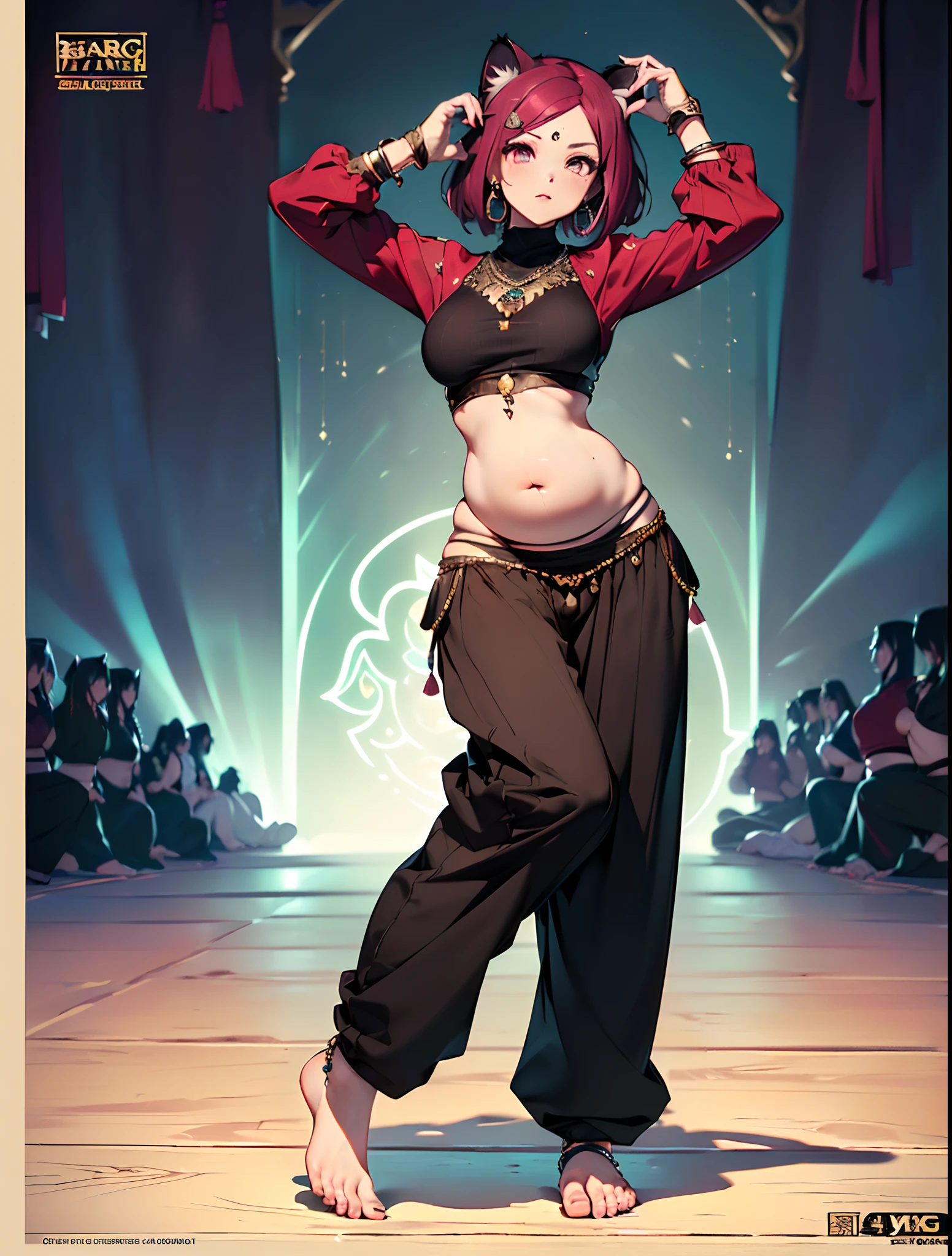 (best quality,4k,8k,highres,masterpiece:1.2),ultra-detailed, (((cat girl))), ((burgundy hair)), ((hyper cute)), ((perfect face)), (((full body))), ((perfect body)), (((standing pose))), ((((very baggy and long belly dance harem pants)))), (((bare feet))), (((jewelry))), (((long sleeves))), (((detailed clothes))), (((martial fighting gloves))), ((fully detailed)), illustration,vivid colors